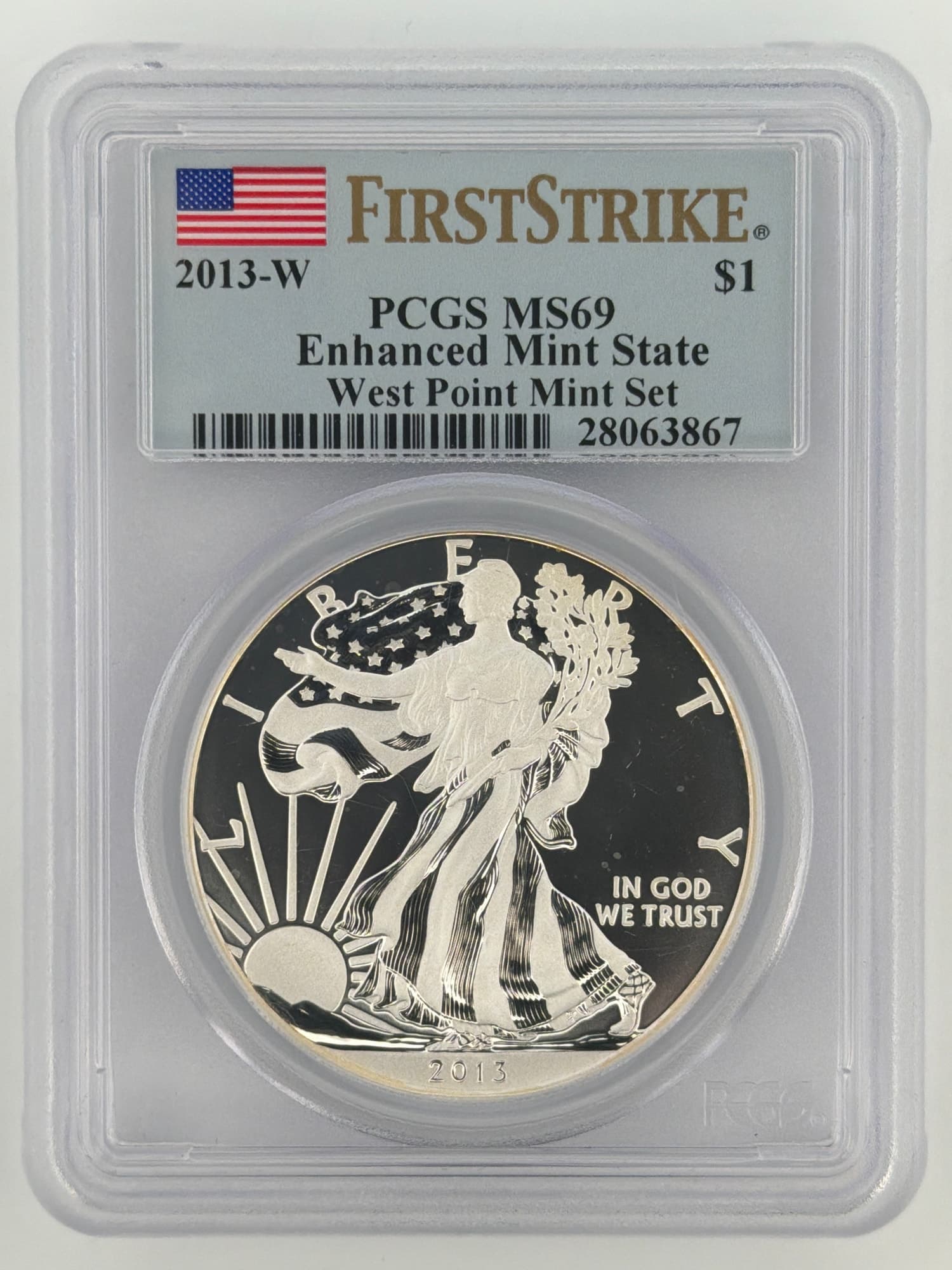 2013-W American Silver Eagle PCGS MS69 Enhanced Mint State First Strike obverse in PCGS slab showing Walking Liberty design and West Point M