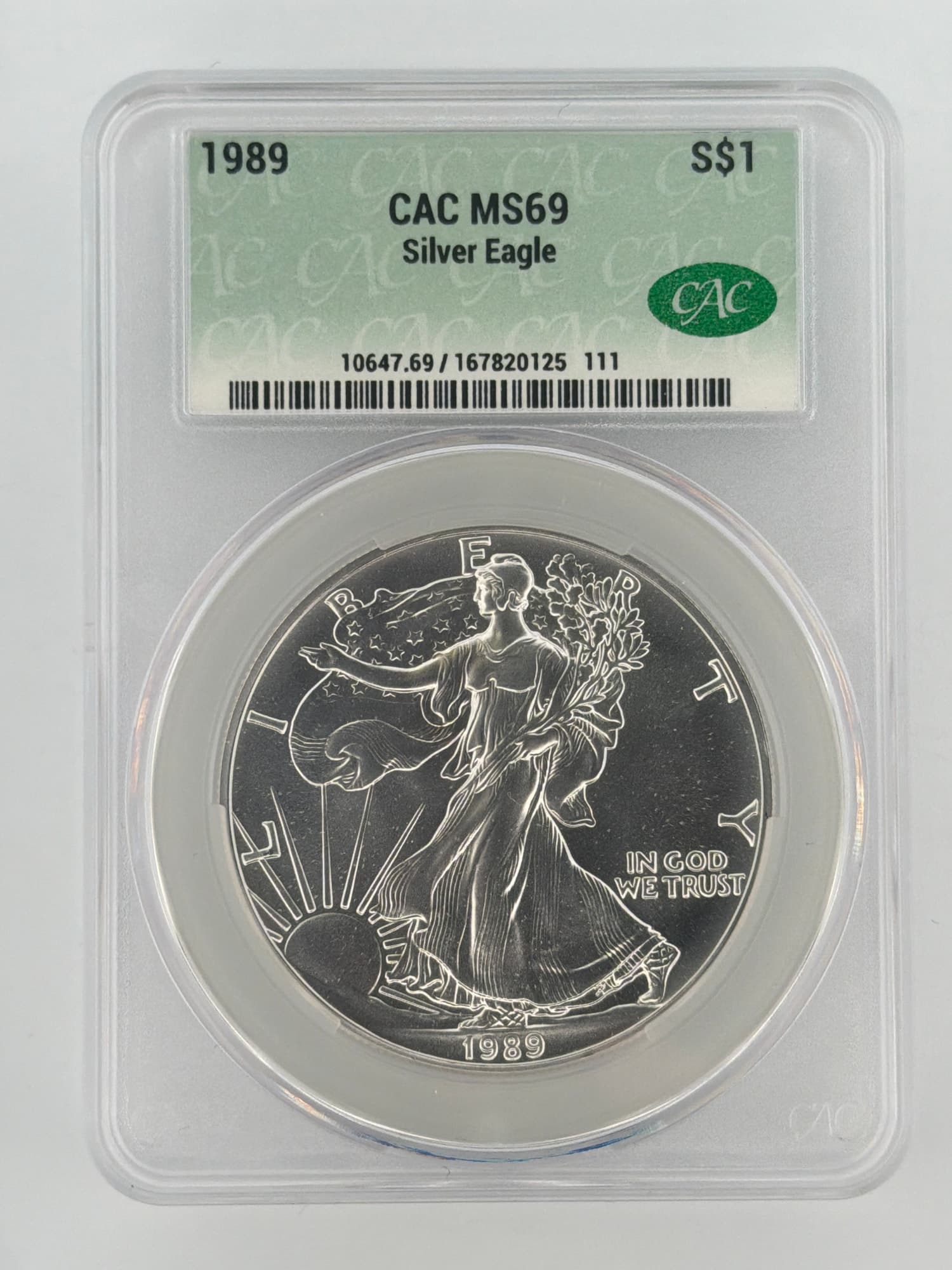 1989 American Silver Eagle $1 CAC MS69 obverse showing Walking Liberty design in holographic slab