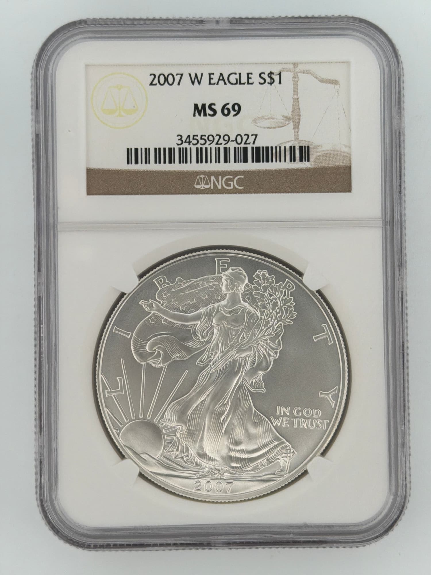 2007-W American Silver Eagle NGC MS 69 obverse in slab — Walking Liberty design, certification label visible