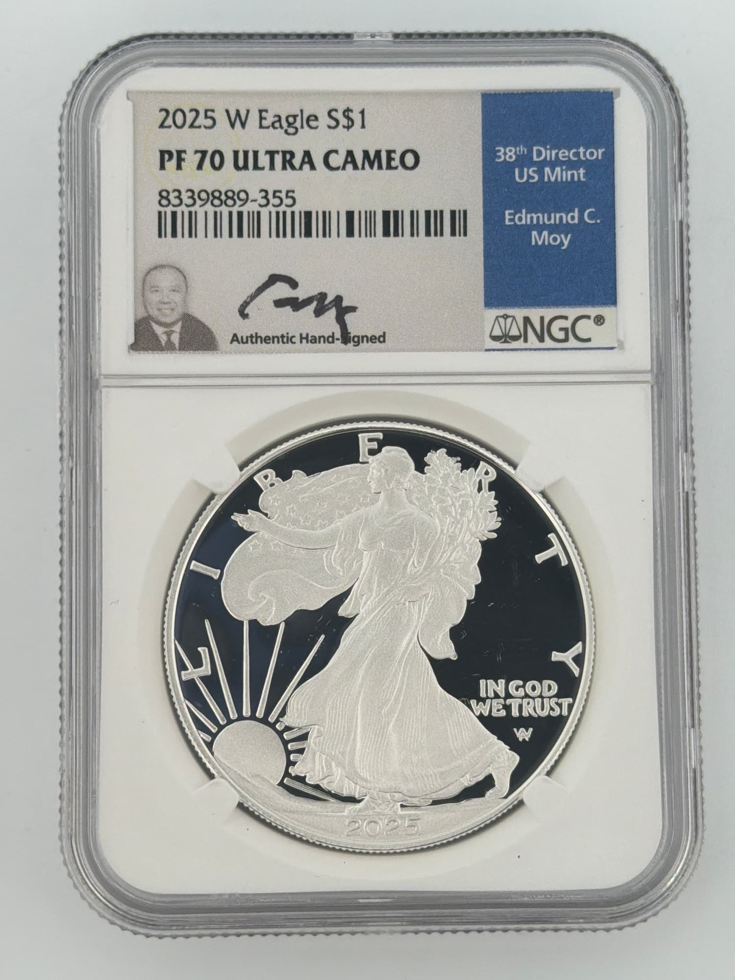 2025-W American Silver Eagle NGC PF70 Ultra Cameo obverse in slab with Edmund C. Moy hand-signed label
