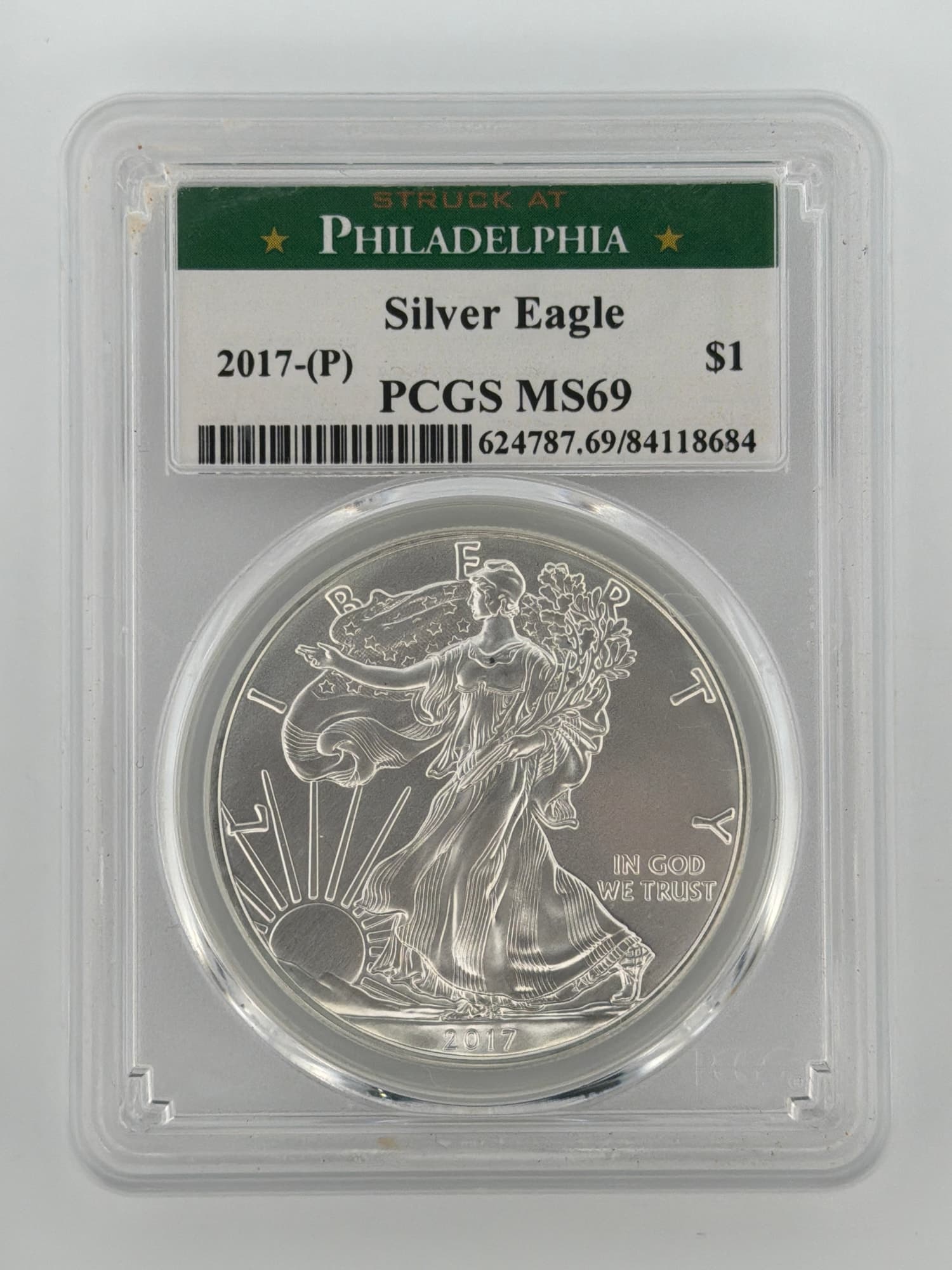 2017-(P) American Silver Eagle PCGS MS69 obverse in green Struck at Philadelphia slab label showing Walking Liberty design