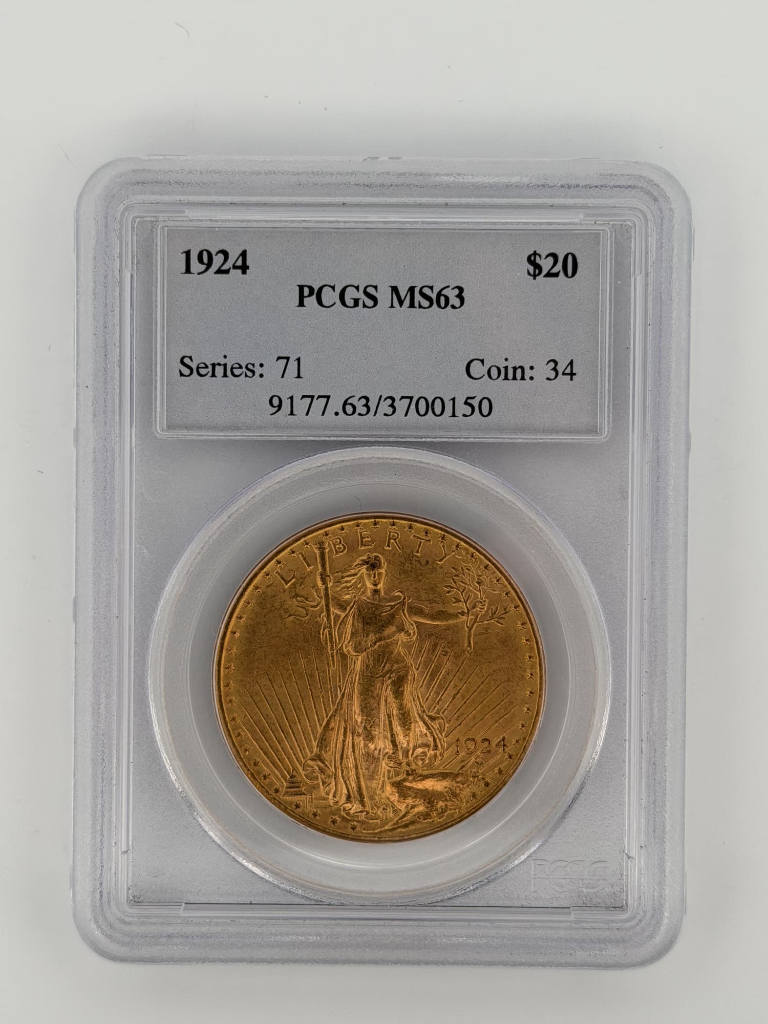 1924-P $20 Saint-Gaudens Double Eagle PCGS MS63 obverse showing full-length Liberty design in original slab