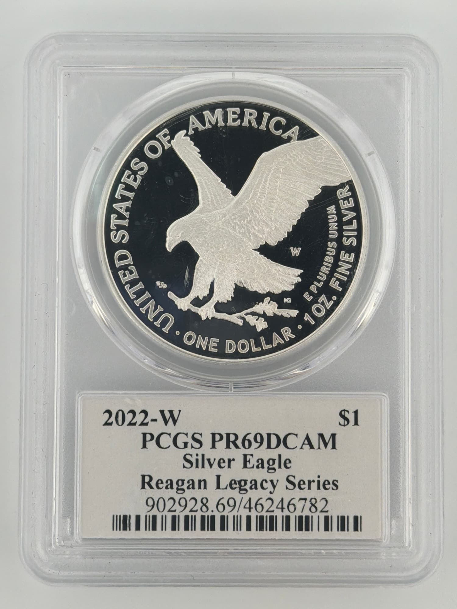 2022-W American Silver Eagle PCGS PR69DCAM slab reverse showing heraldic eagle design and Reagan Legacy Series label