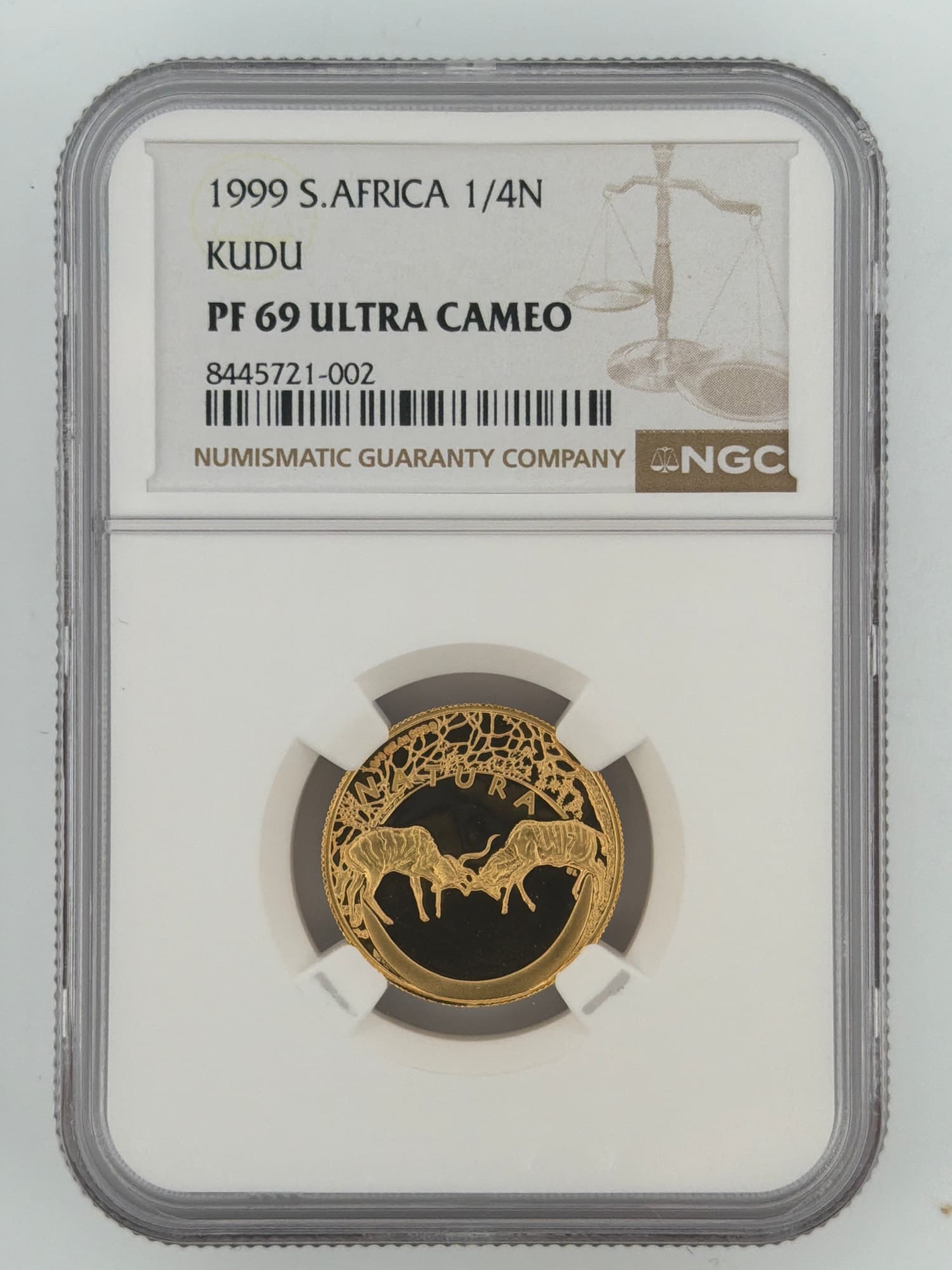1999 South Africa 1/4 Natura Kudu Gold Proof NGC PF 69 Ultra Cameo slab obverse showing two bull kudu locking horns on reverse design