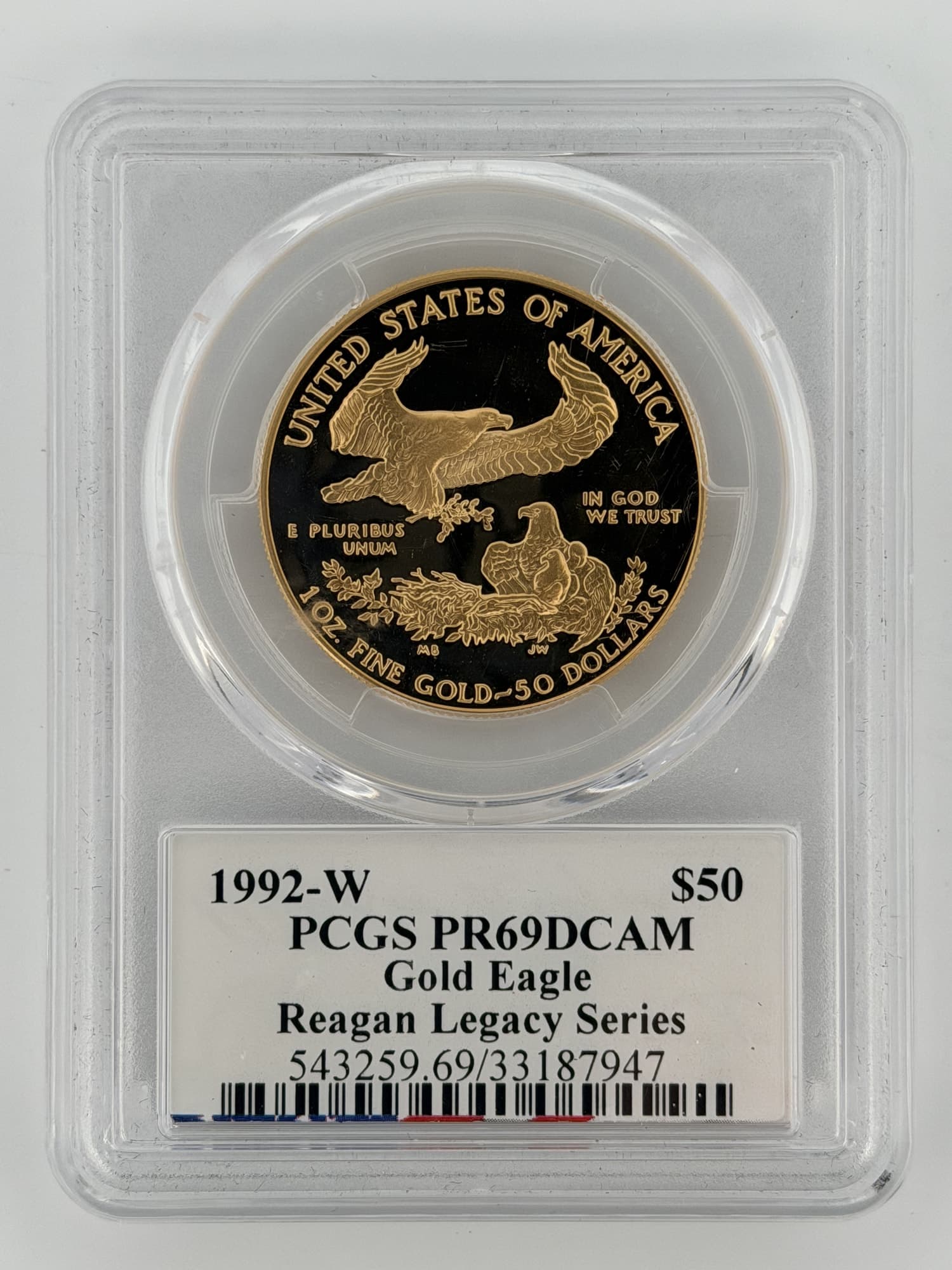 1992-W $50 Proof Gold Eagle PCGS PR69DCAM Reagan Legacy Series slab reverse showing eagle design and label