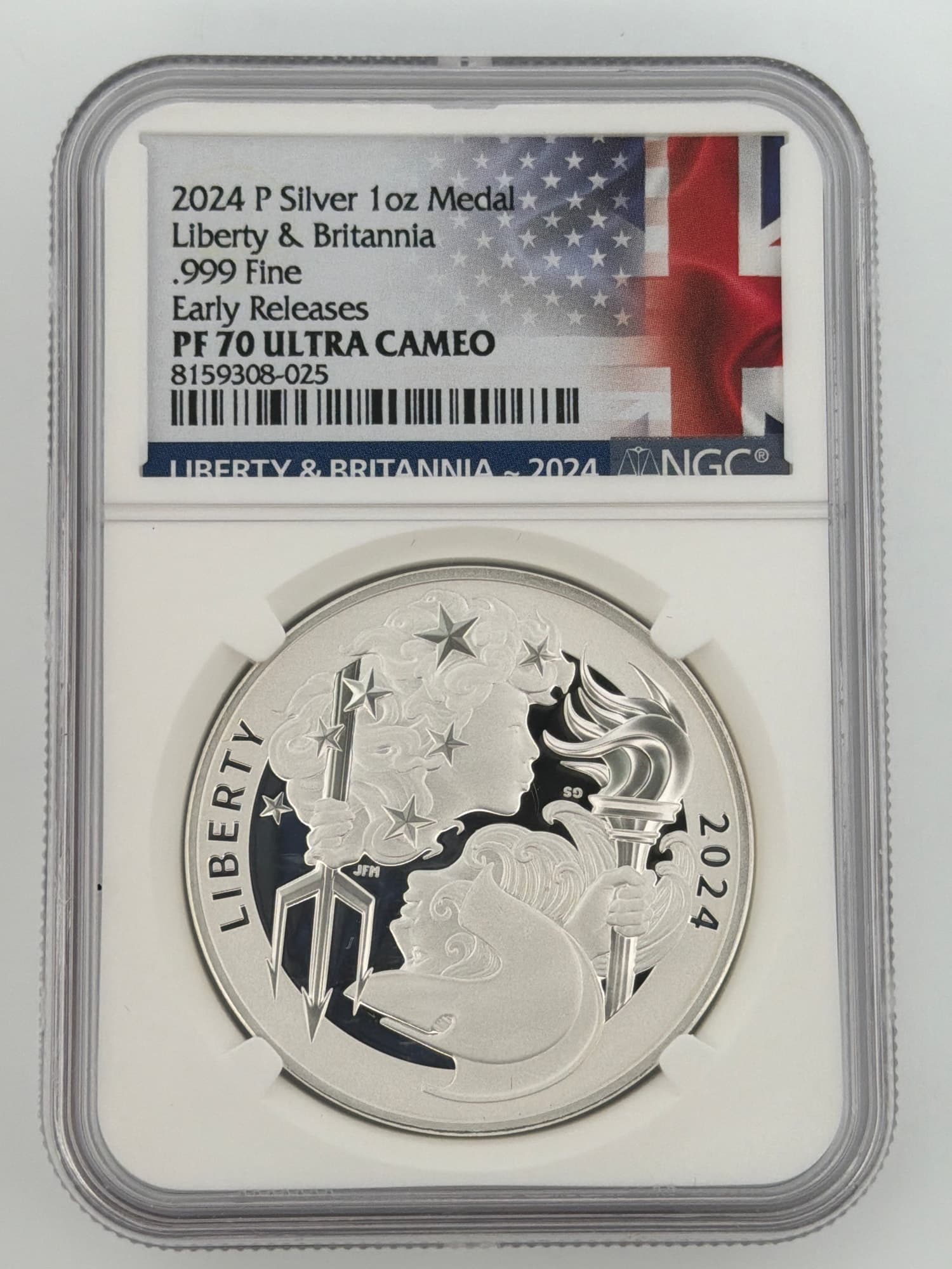 2024-P Liberty and Britannia 1 oz Silver Medal NGC PF70 Ultra Cameo Early Releases slab obverse showing dual Liberty and Britannia portraits