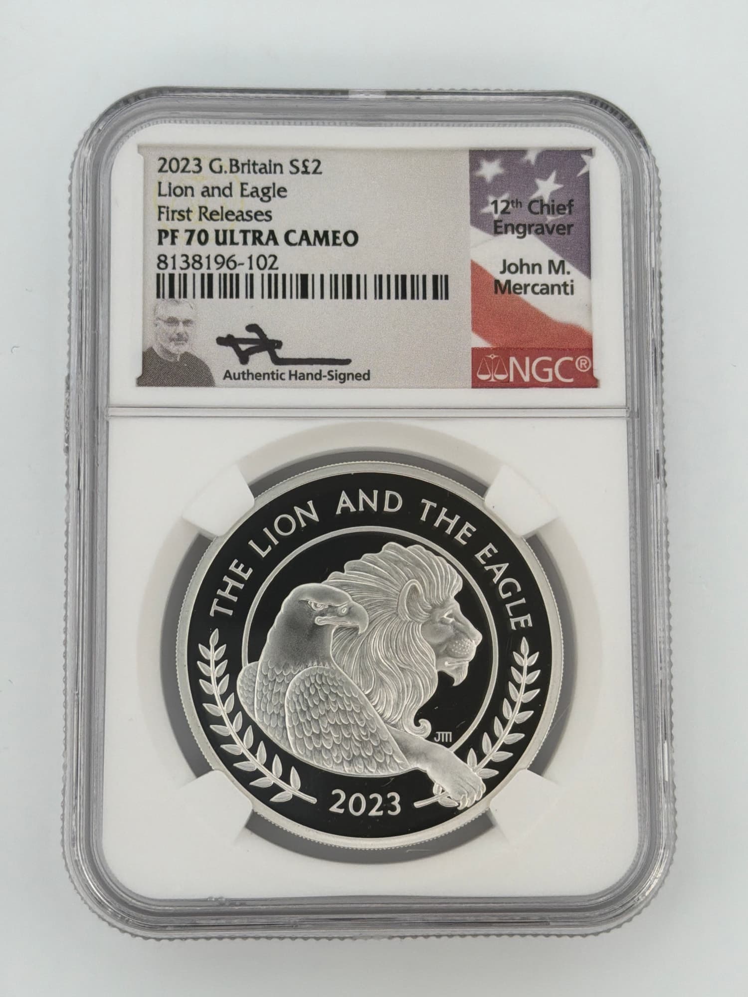 2023 Great Britain Lion and the Eagle 1 oz silver proof reverse in NGC PF70 Ultra Cameo First Releases slab with John M. Mercanti hand-signe