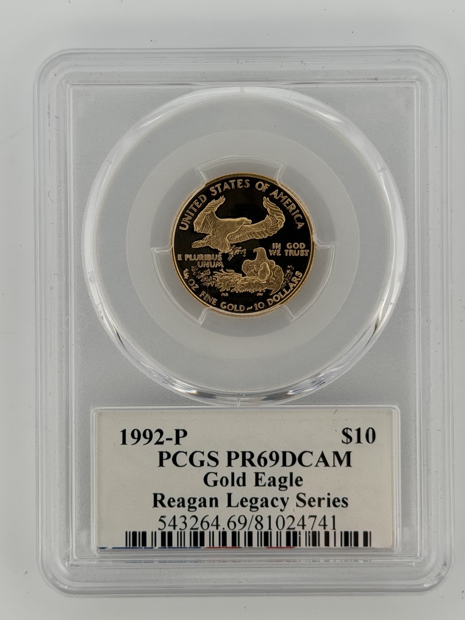 1992-P $10 American Gold Eagle PCGS PR69DCAM Reagan Legacy Series slab reverse showing eagle design and certification label