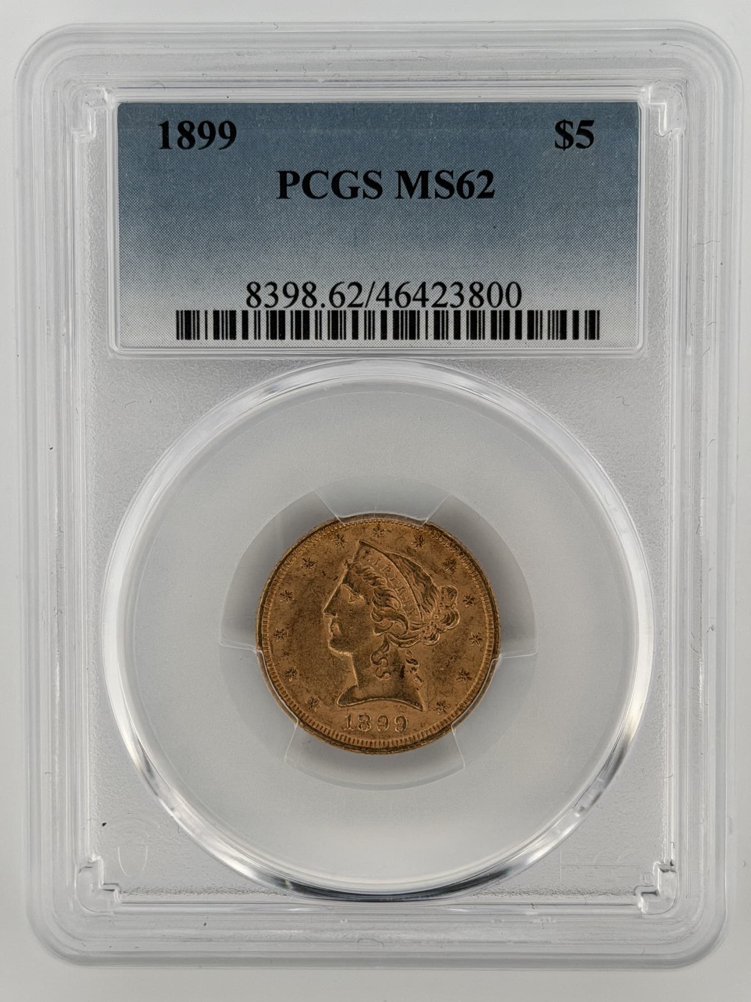 1899-P Liberty Head Gold Half Eagle PCGS MS62 obverse in sonically sealed slab showing Lady Liberty and 13 stars