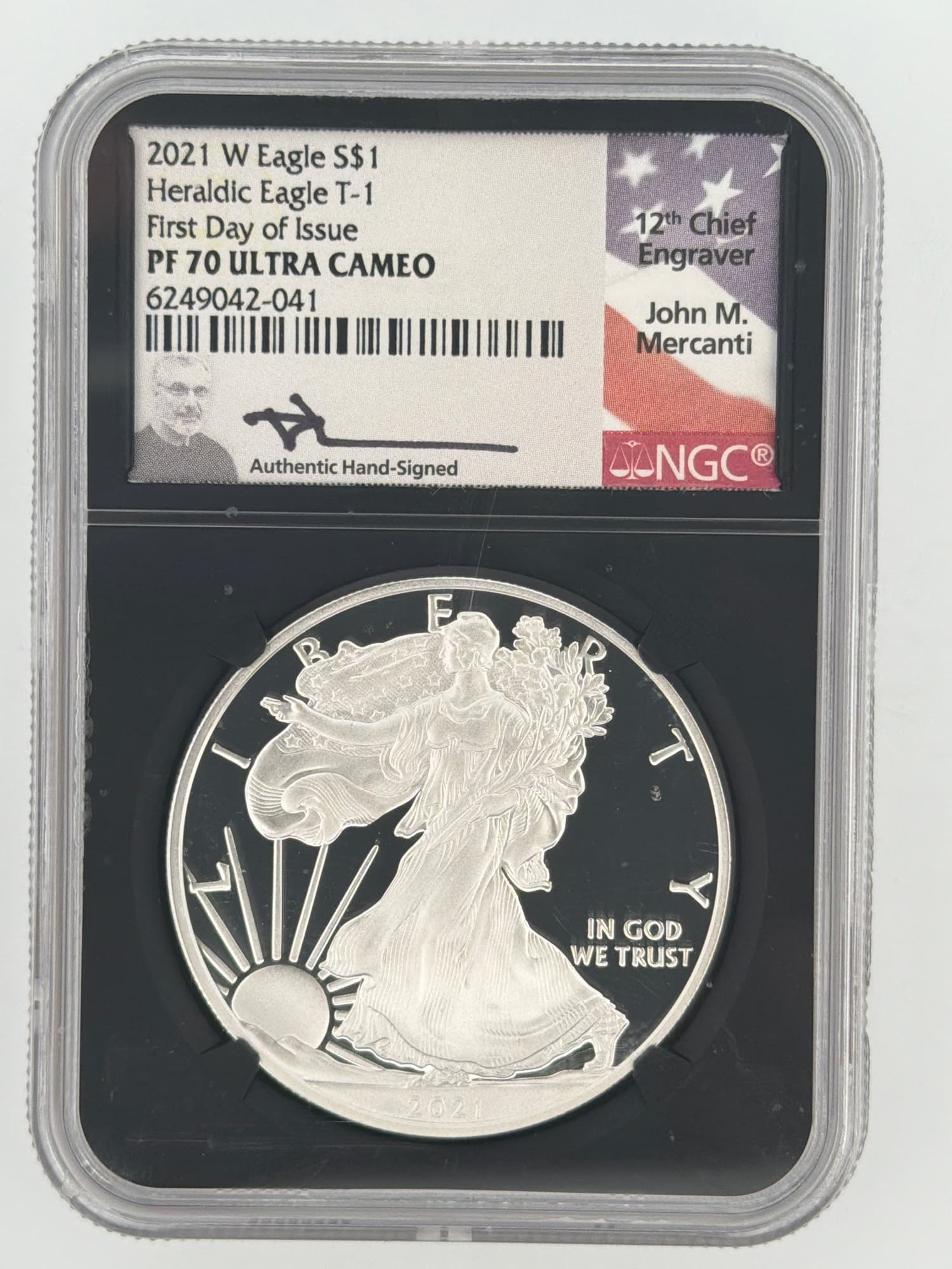 2021-W American Silver Eagle $1 (John M. Mercanti Signed) NGC PF70 Ultra Cameo (First Day of Issue; Heraldic Eagle T-1; Authentic Hand-Signed by John M. Mercanti (12th Chief Engraver)) obverse