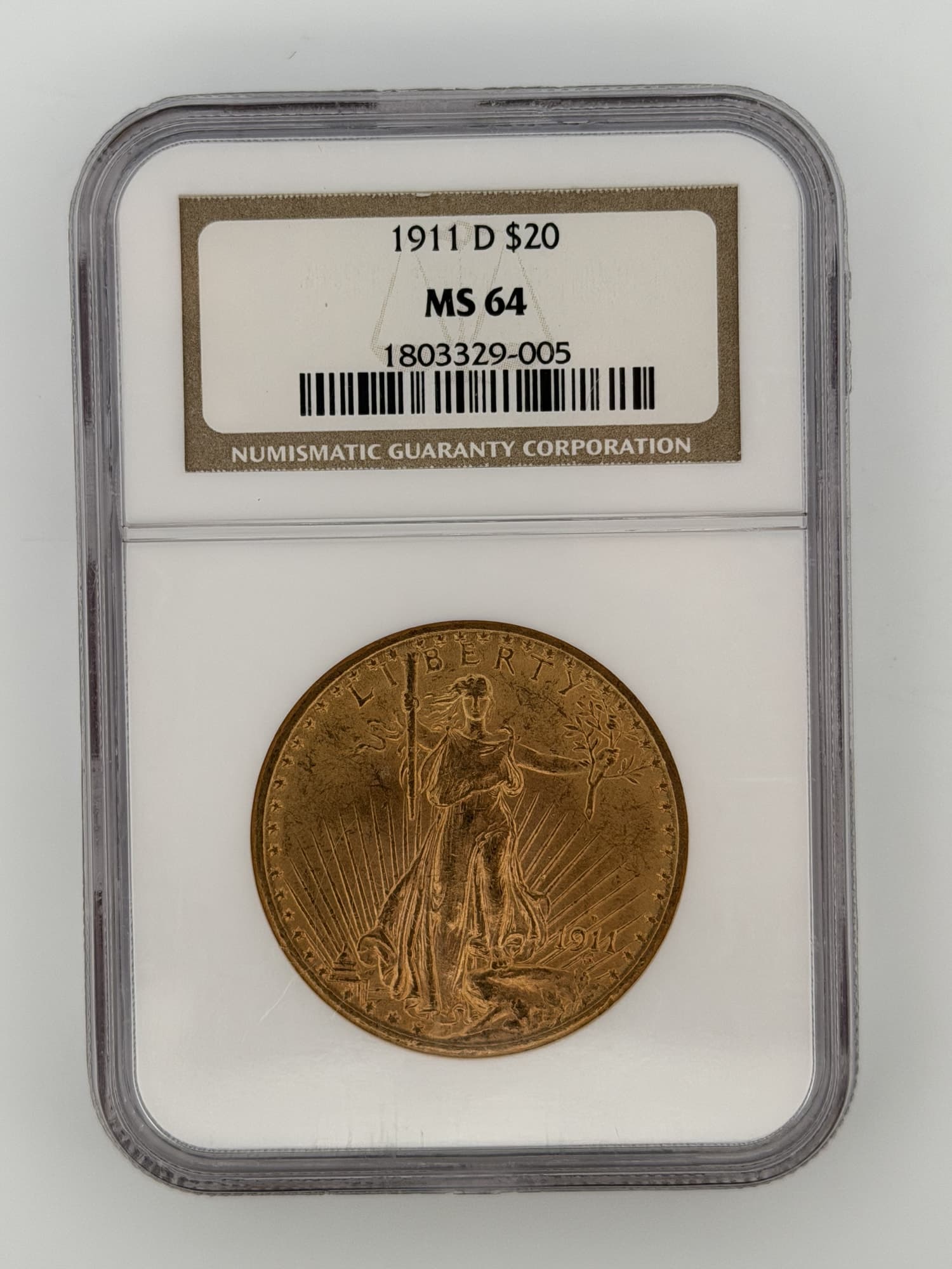 1911-D Saint-Gaudens Double Eagle MS64 NGC slab obverse showing full-length Liberty with torch and date 1911