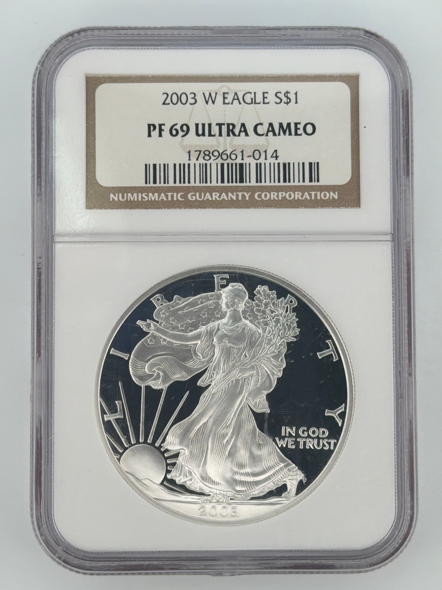 2003-W American Silver Eagle NGC PF 69 Ultra Cameo slab obverse showing Walking Liberty design with deep mirror proof fields