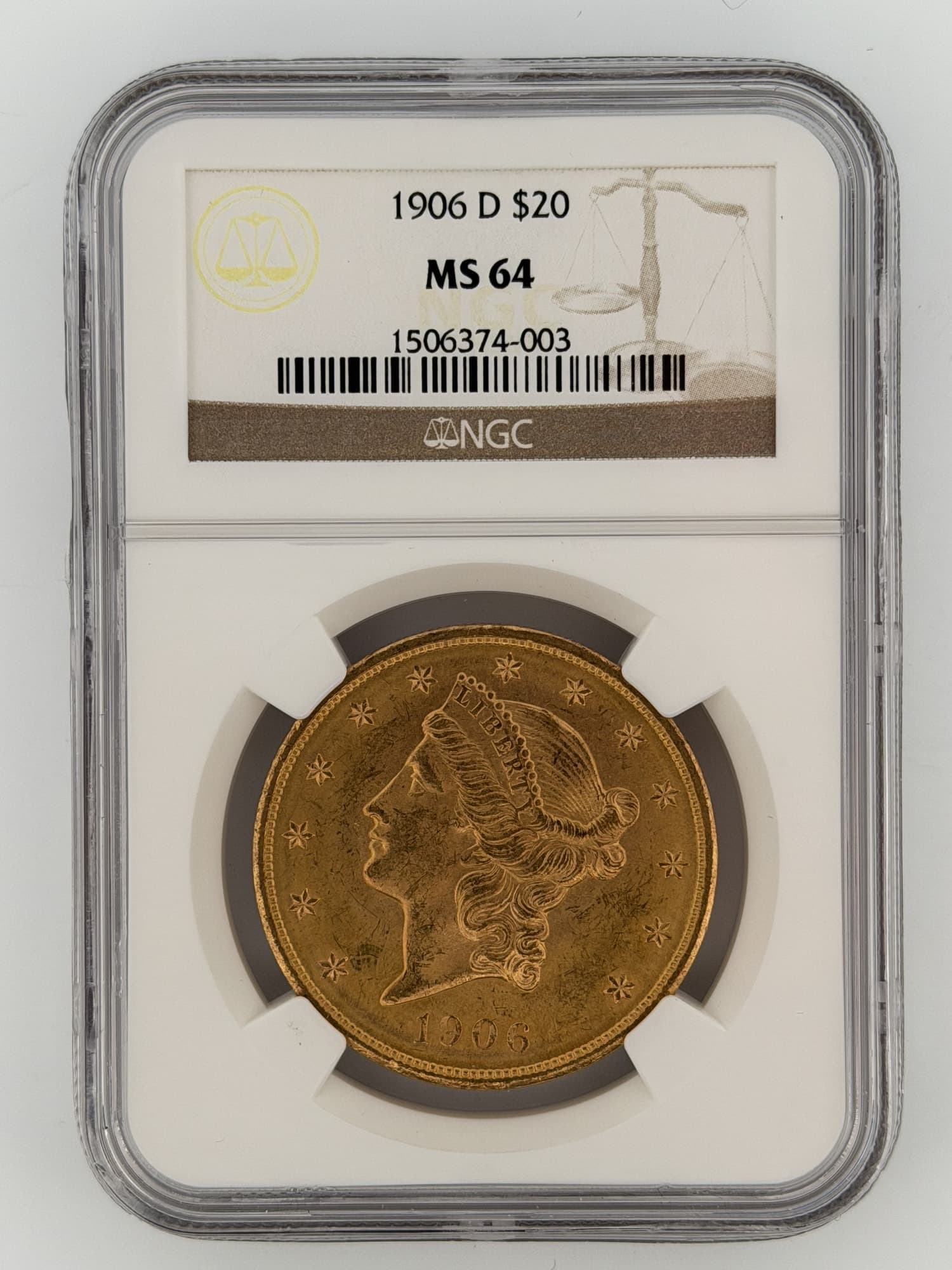 1906-D Liberty Head Double Eagle $20 Gold NGC MS64 obverse showing Coronet Liberty portrait and 13 stars in NGC slab