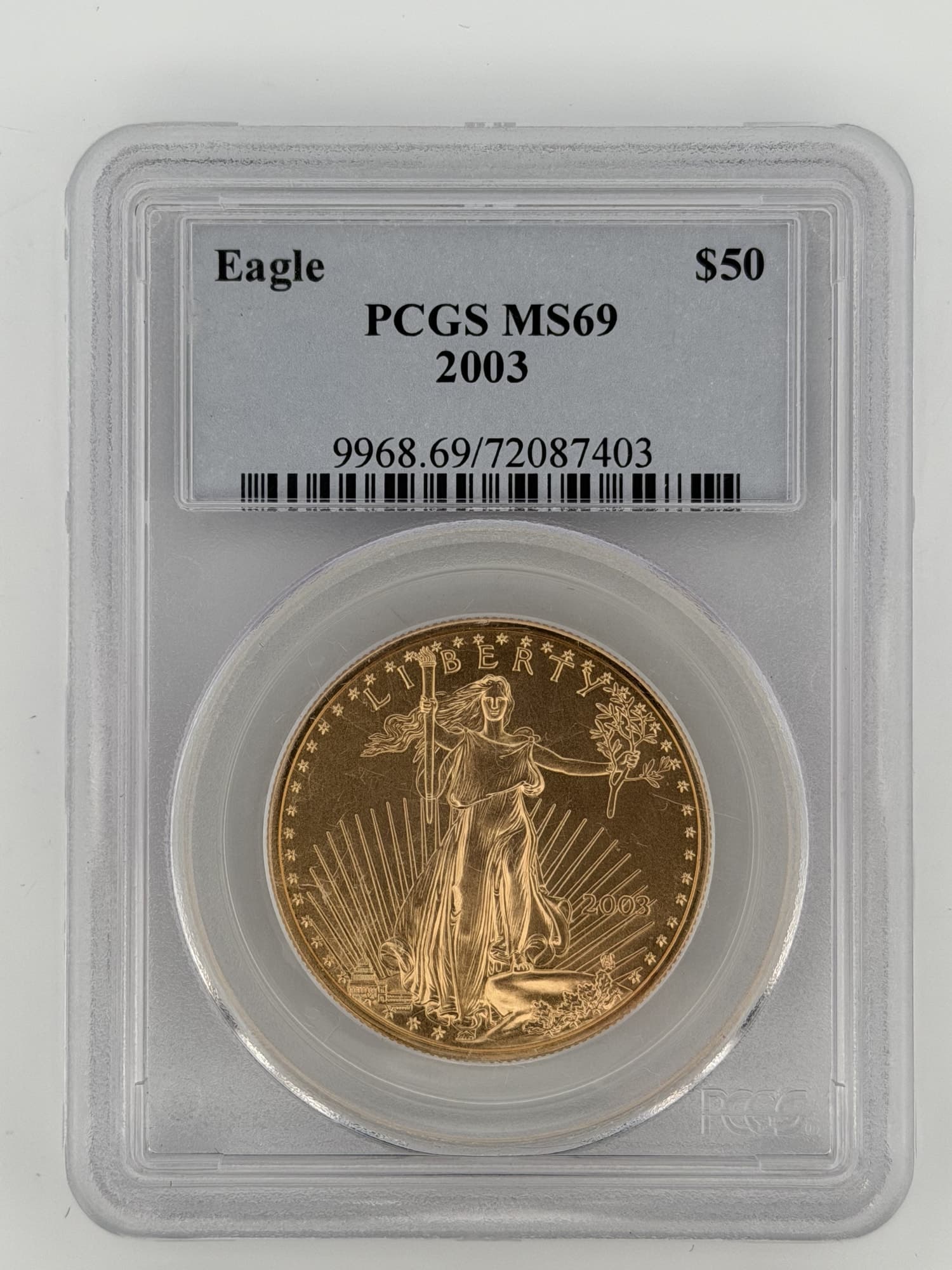 2003 American Gold Eagle $50 1 oz PCGS MS69 obverse in slab showing Walking Liberty design and PCGS label