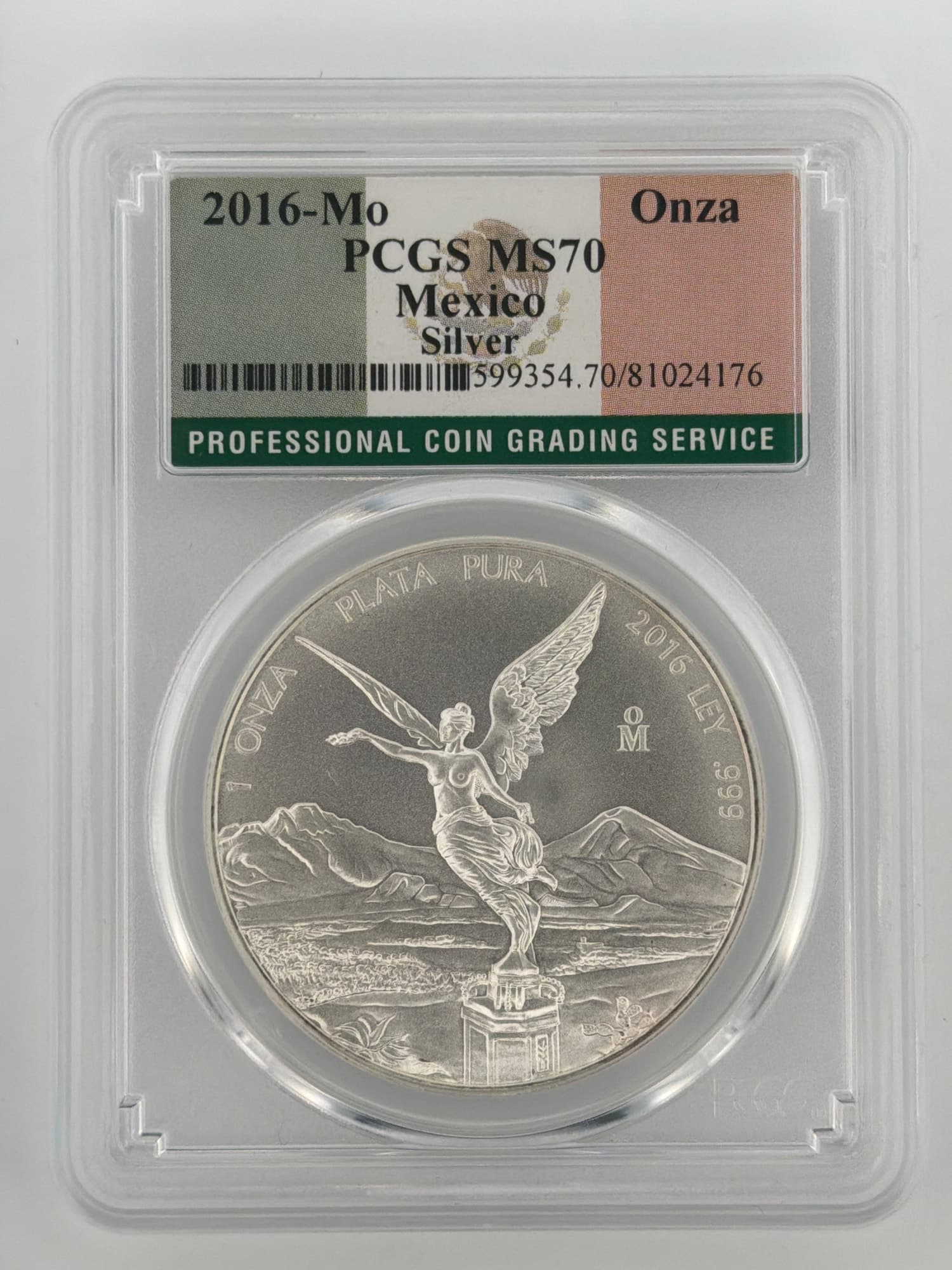 2016-Mo Mexico Silver Libertad 1 Onza PCGS MS70 obverse showing Winged Victory with volcanoes in tamper-evident slab