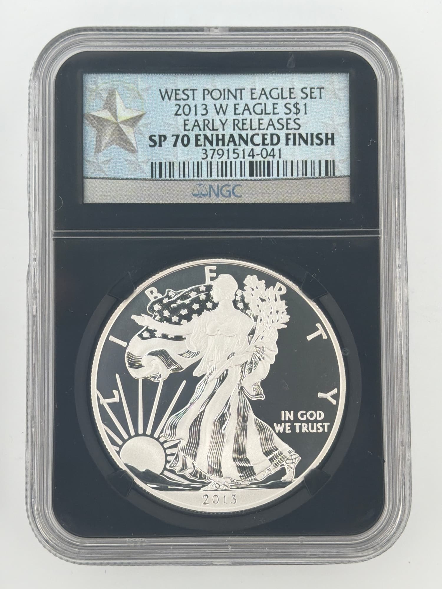 2013-W American Silver Eagle NGC SP70 Enhanced Finish Early Releases obverse in black-core NGC West Point star slab