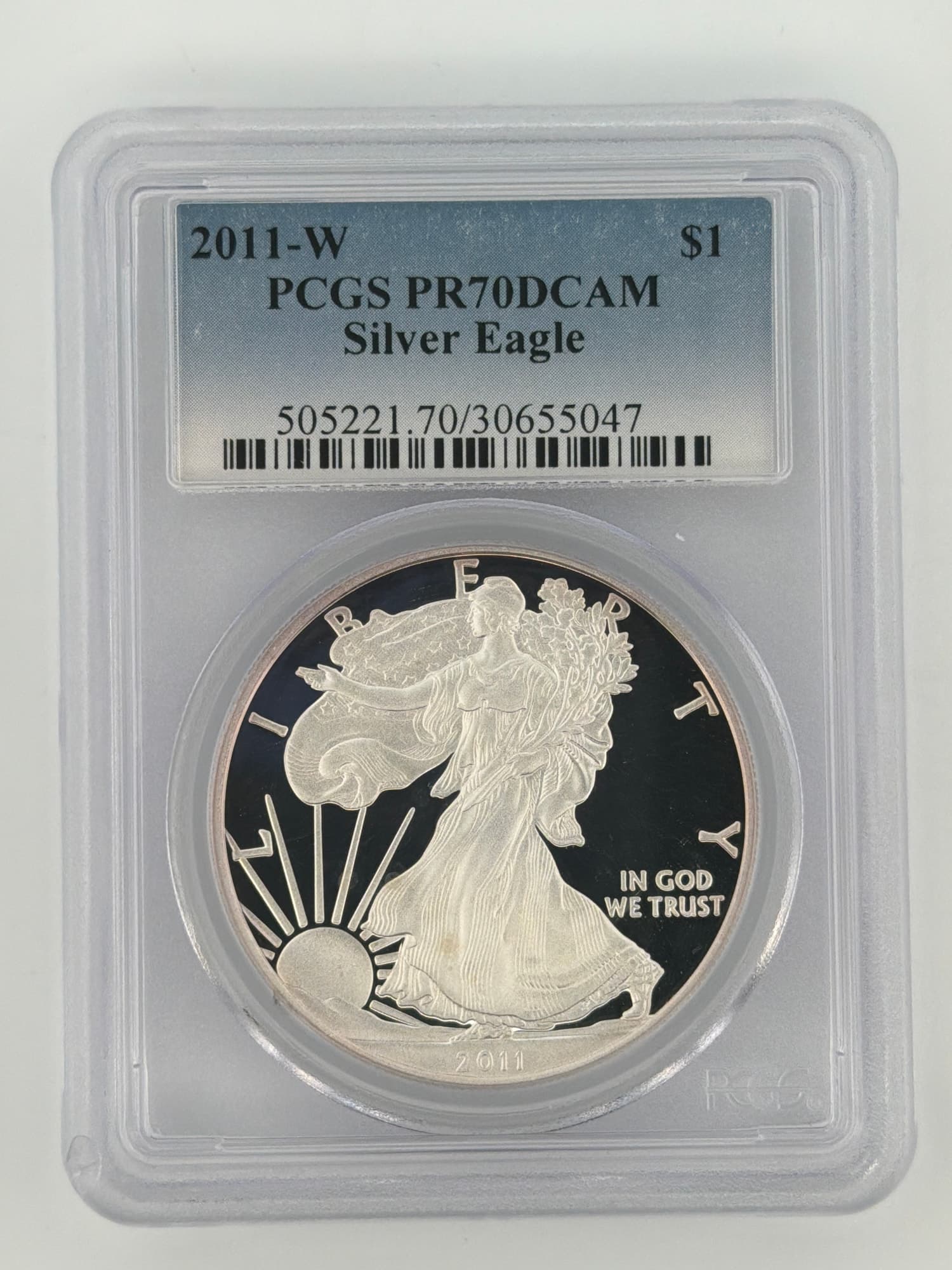 2011-W American Silver Eagle Proof PCGS PR70DCAM slab obverse showing Walking Liberty design with mirror fields and frosted devices