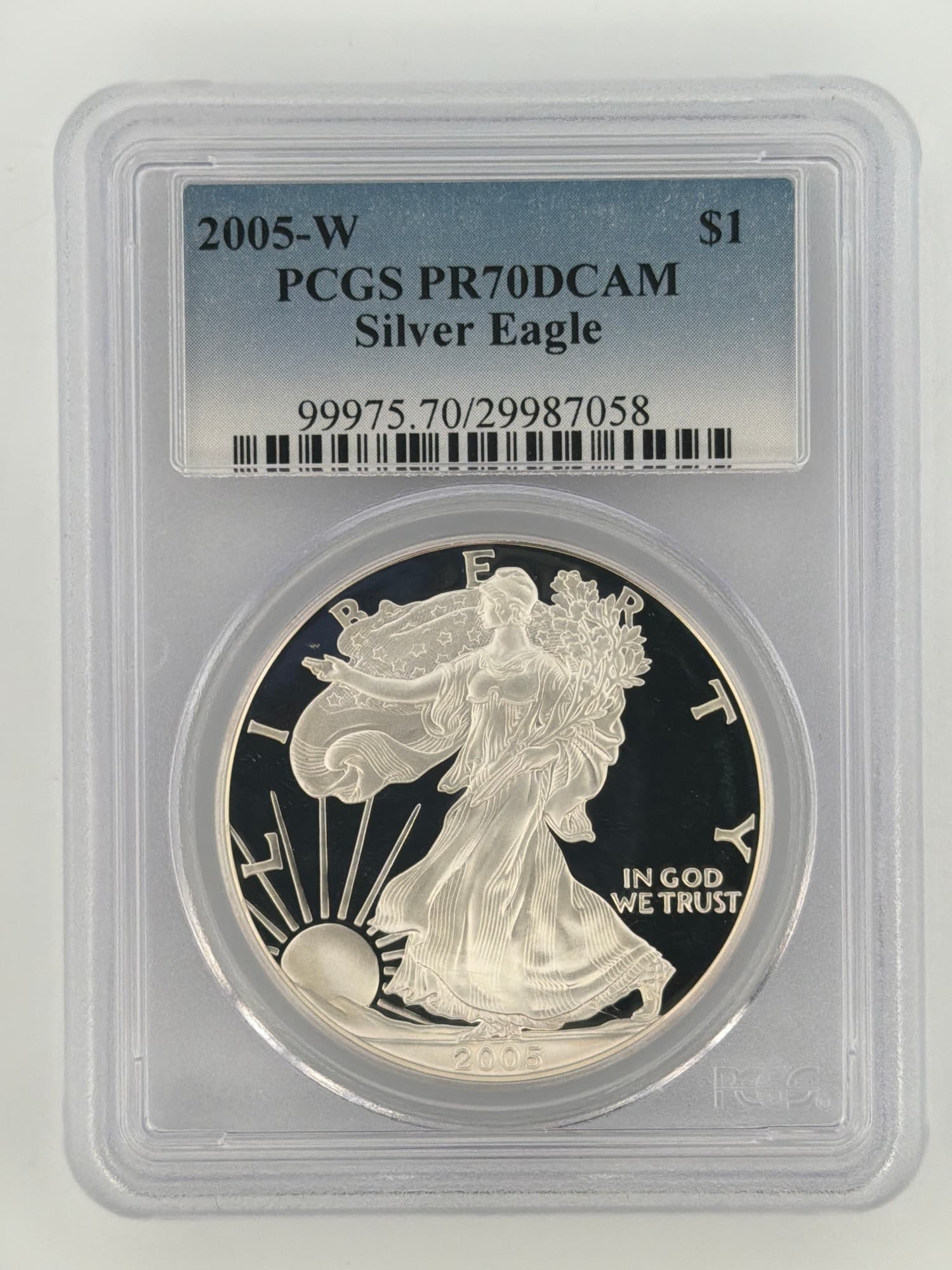 2005-W American Silver Eagle PCGS PR70DCAM slab obverse showing Walking Liberty design with deep cameo contrast