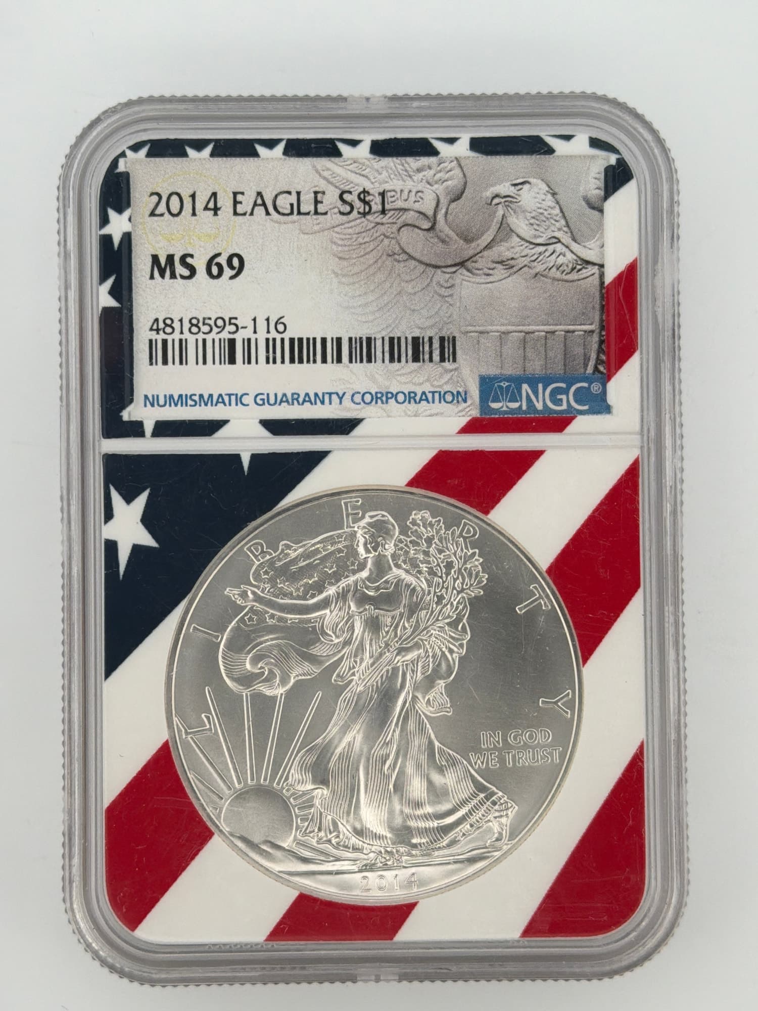 2014 American Silver Eagle NGC MS 69 obverse in patriotic American flag holder showing Walking Liberty design