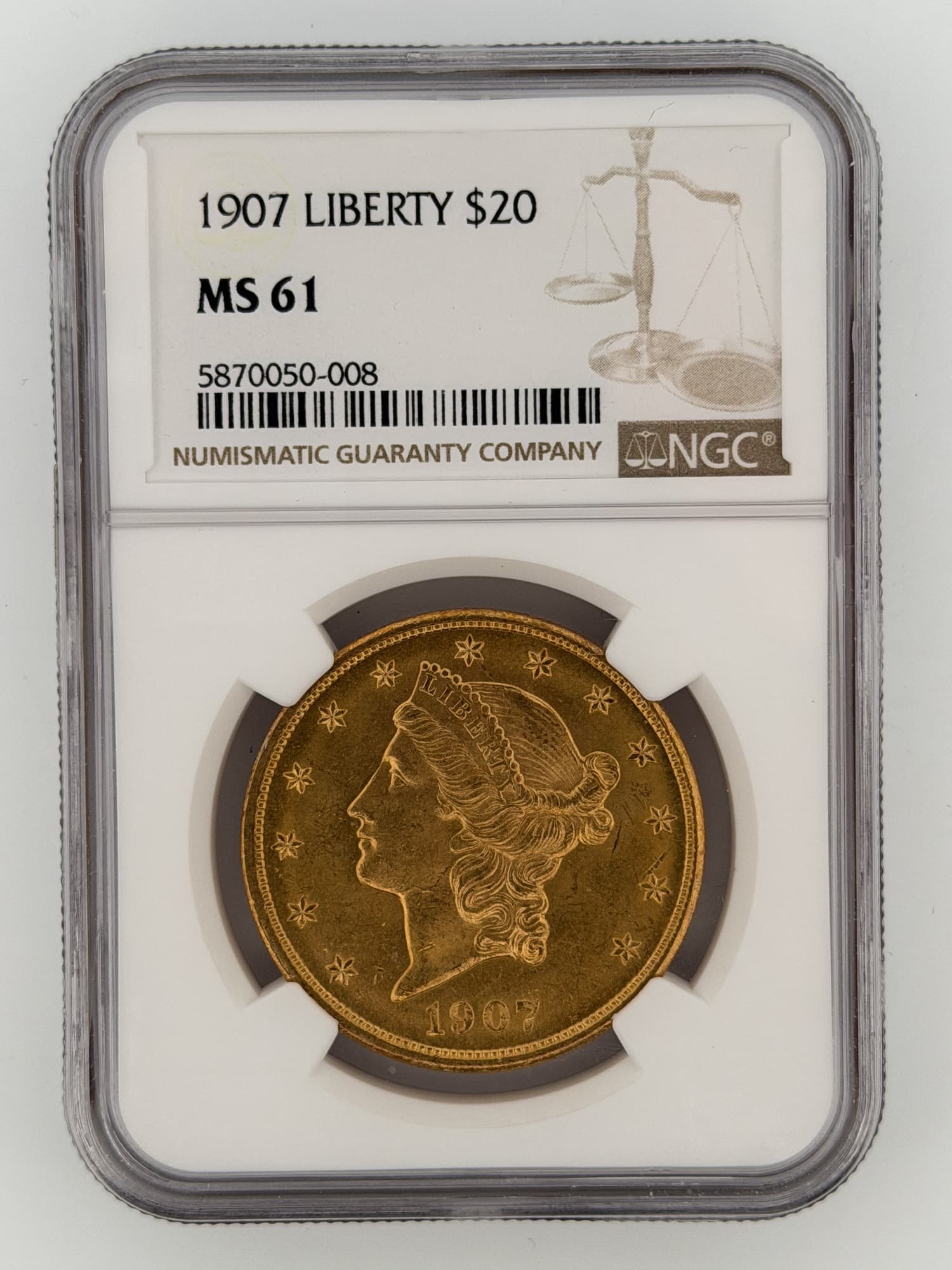 1907 Liberty Head Double Eagle $20 Gold NGC MS61 obverse showing Coronet Liberty portrait and 13 stars in NGC slab