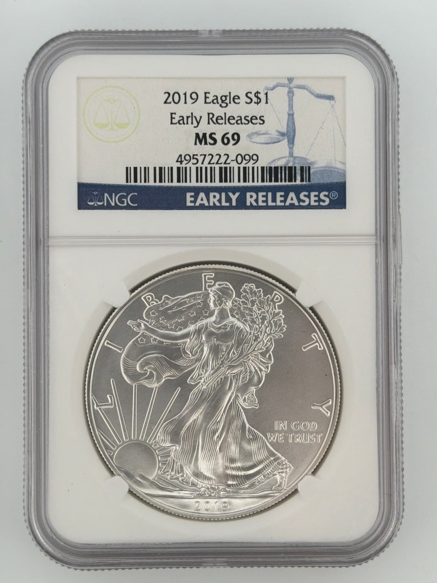 2019 American Silver Eagle NGC MS69 Early Releases slab obverse — Walking Liberty design with NGC label