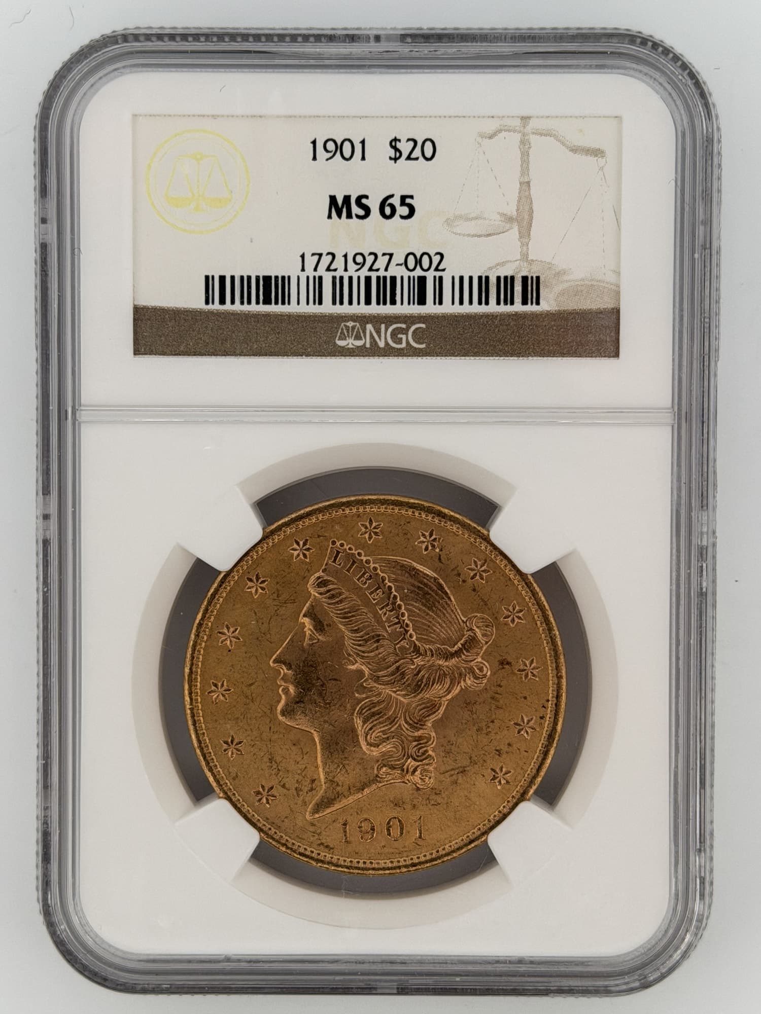 1901 Liberty Head Double Eagle $20 Gold NGC MS65 obverse showing Coronet Liberty portrait and thirteen stars in NGC slab