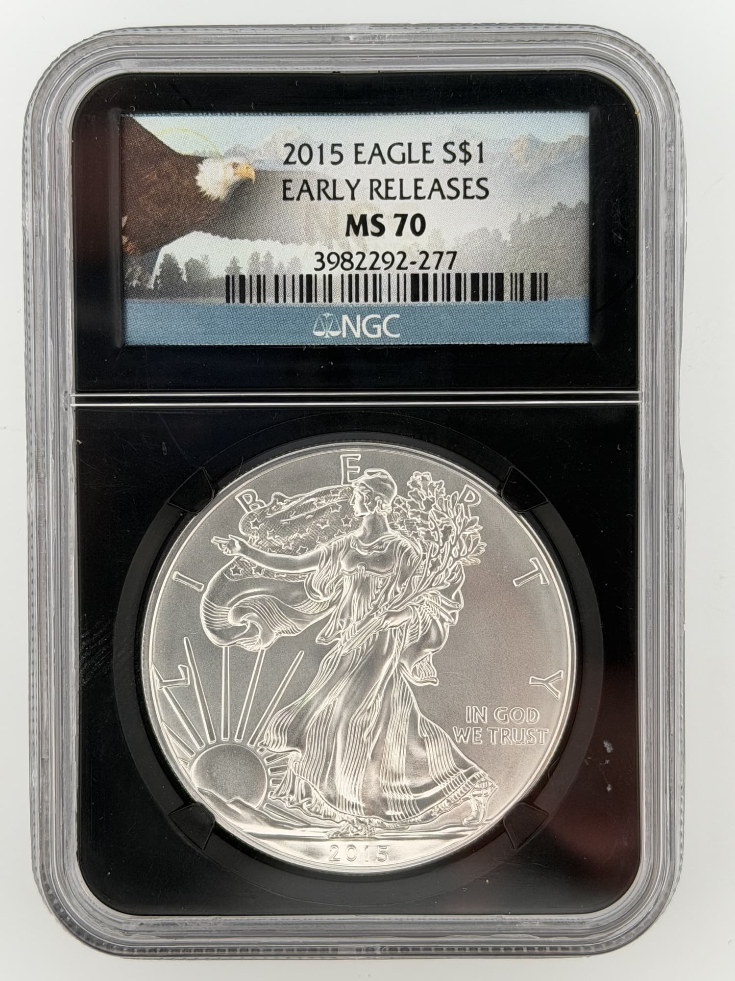 2015 American Silver Eagle NGC MS70 Early Releases obverse in black-label NGC slab showing Walking Liberty design