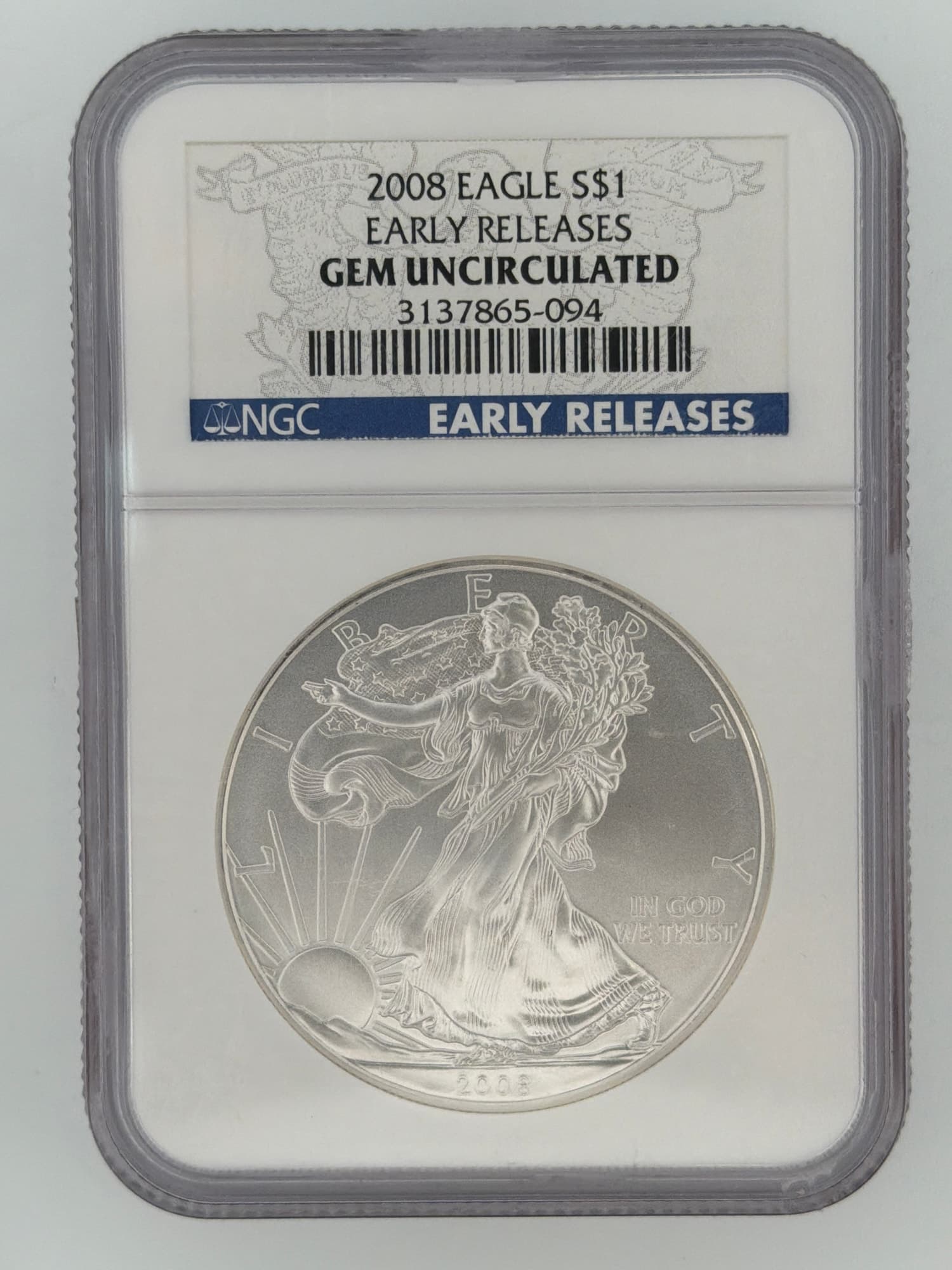 2008 American Silver Eagle NGC Gem Uncirculated Early Releases slab obverse showing Walking Liberty design