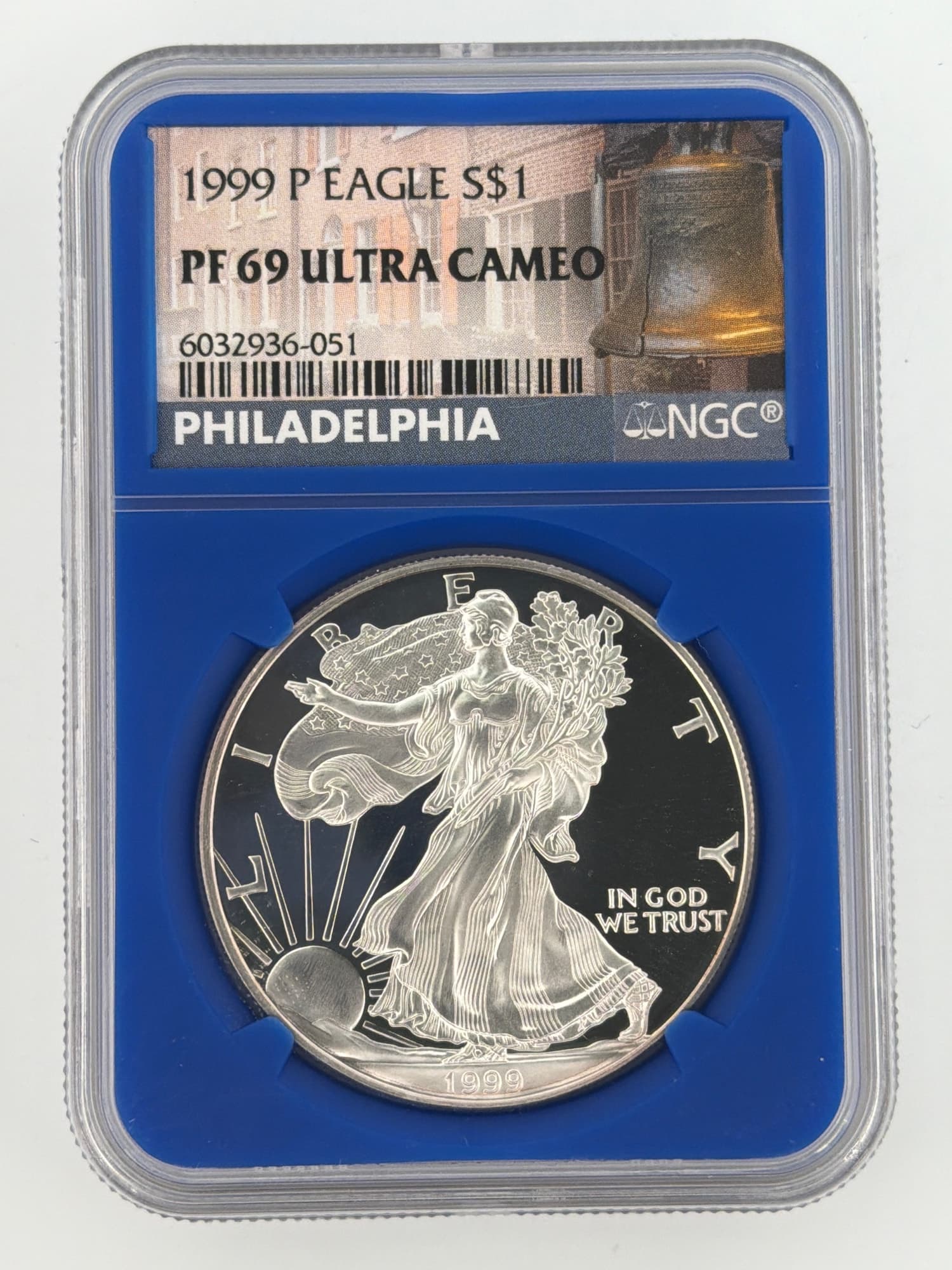1999-P American Silver Eagle NGC PF 69 Ultra Cameo obverse in blue Philadelphia label holder showing Walking Liberty design