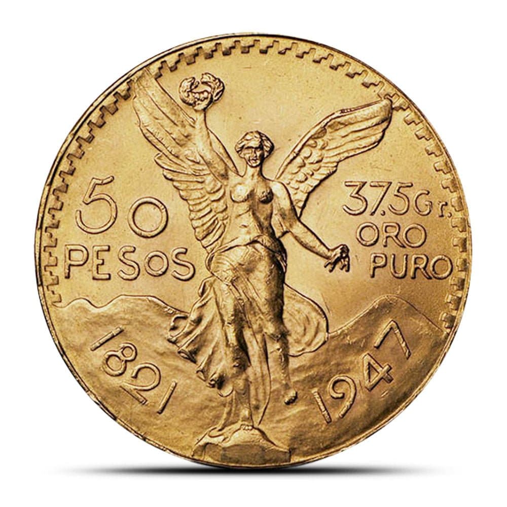 Mexican 50 Peso Gold Coin – Obverse with Winged Victory and Volcán Popocatépetl (Random Year)