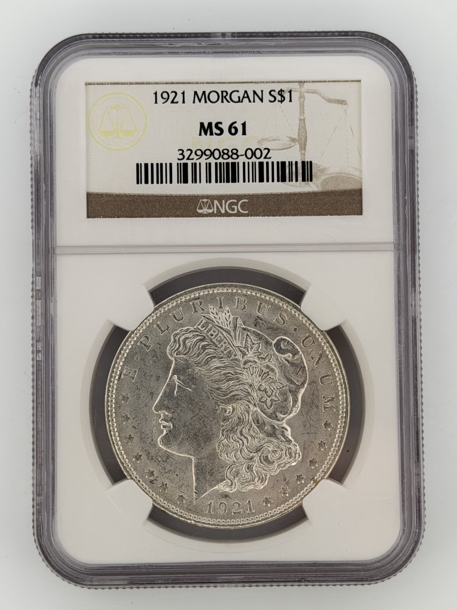 1921 Morgan Silver Dollar NGC MS 61 obverse showing Lady Liberty portrait in sonically sealed NGC slab with label