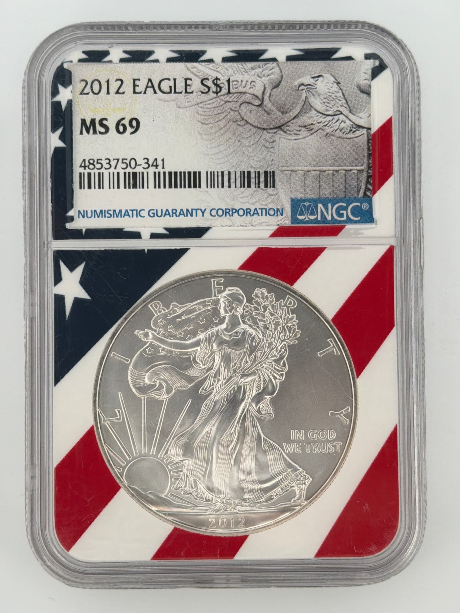 2012 American Silver Eagle $1 NGC MS 69 obverse showing Walking Liberty design in patriotic American flag NGC slab