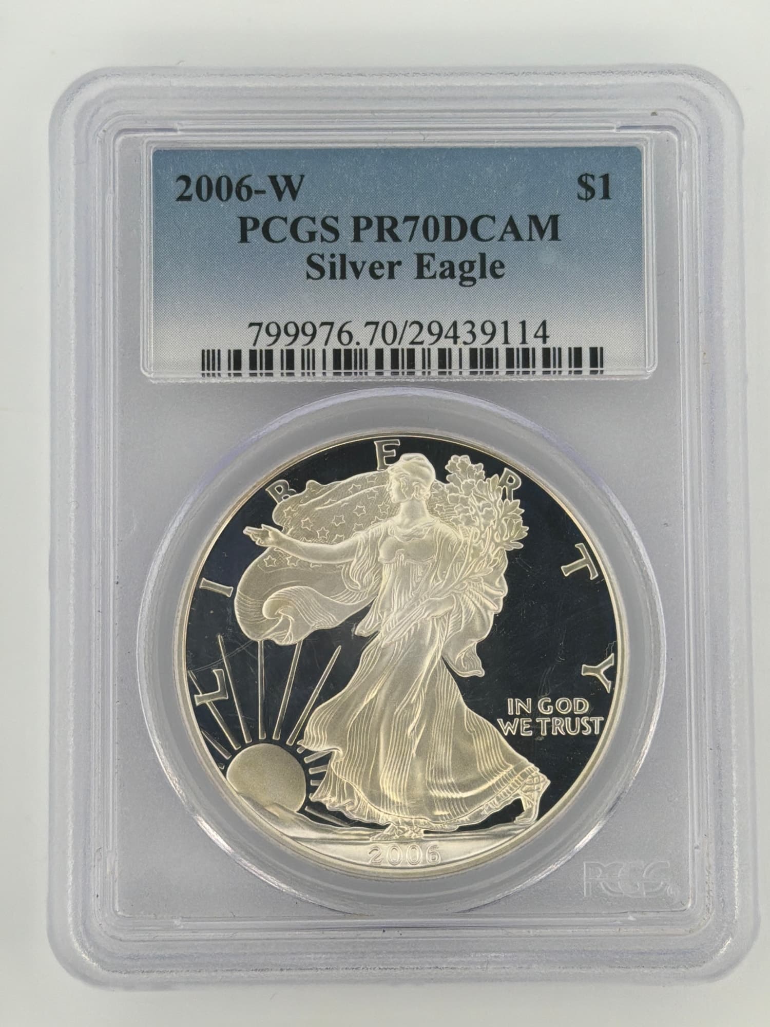 2006-W American Silver Eagle PCGS PR70DCAM slab obverse showing Walking Liberty design with frosted cameo contrast