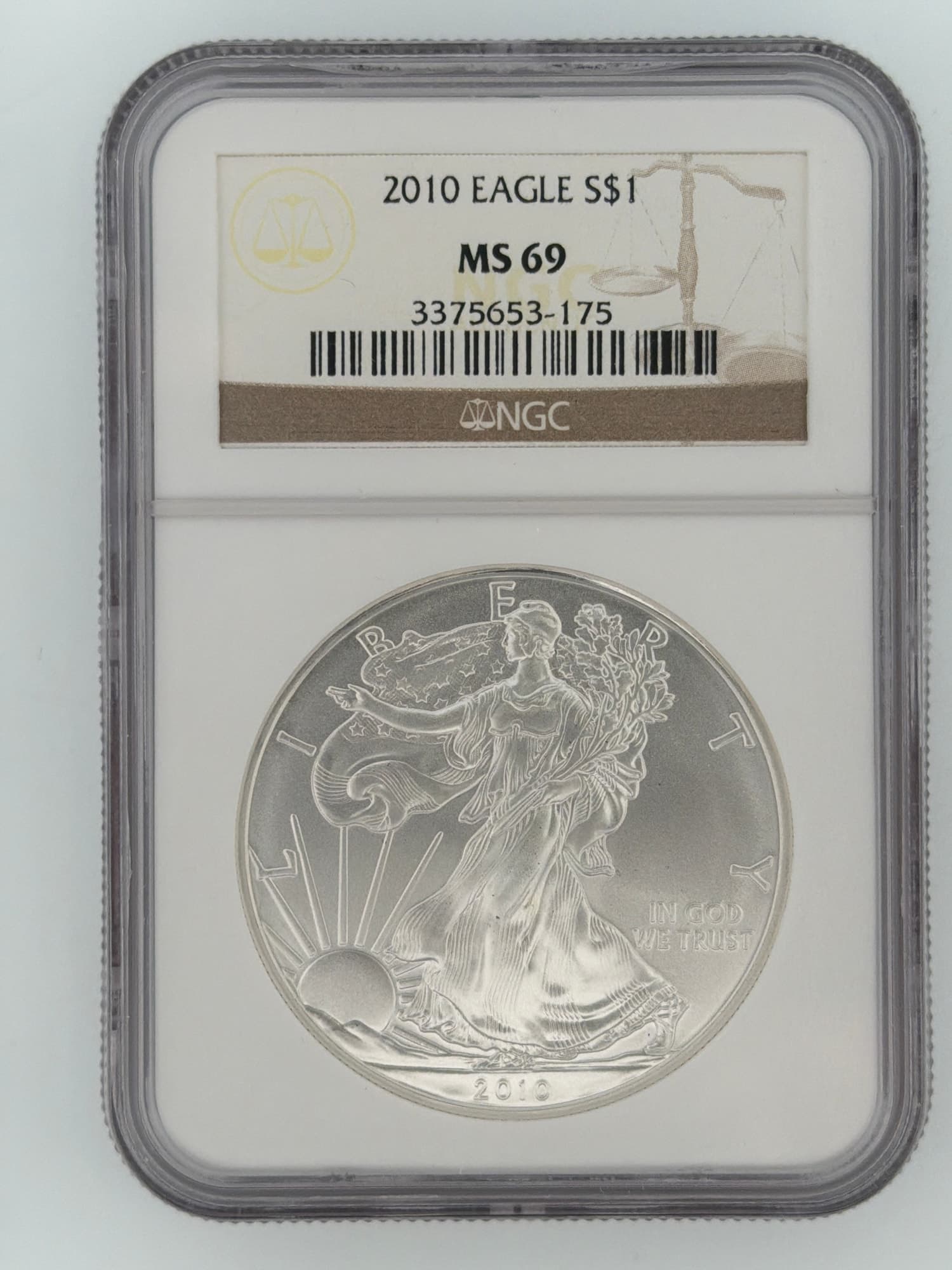 2010 American Silver Eagle NGC MS 69 obverse showing Walking Liberty design in sonically sealed slab with NGC label