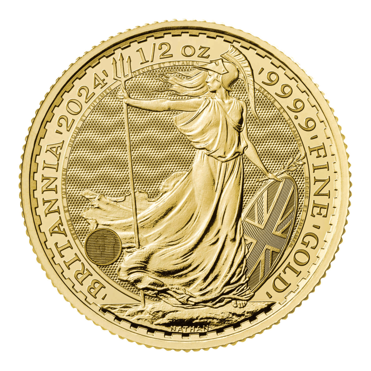 1/2 oz Gold Britannia coin reverse — Britannia standing design, .9999 fine gold
