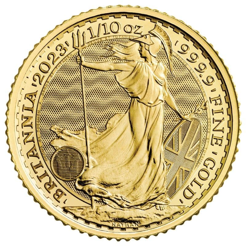 1/10 oz Gold Britannia coin reverse — Britannia design, .9999 fine gold bullion coin