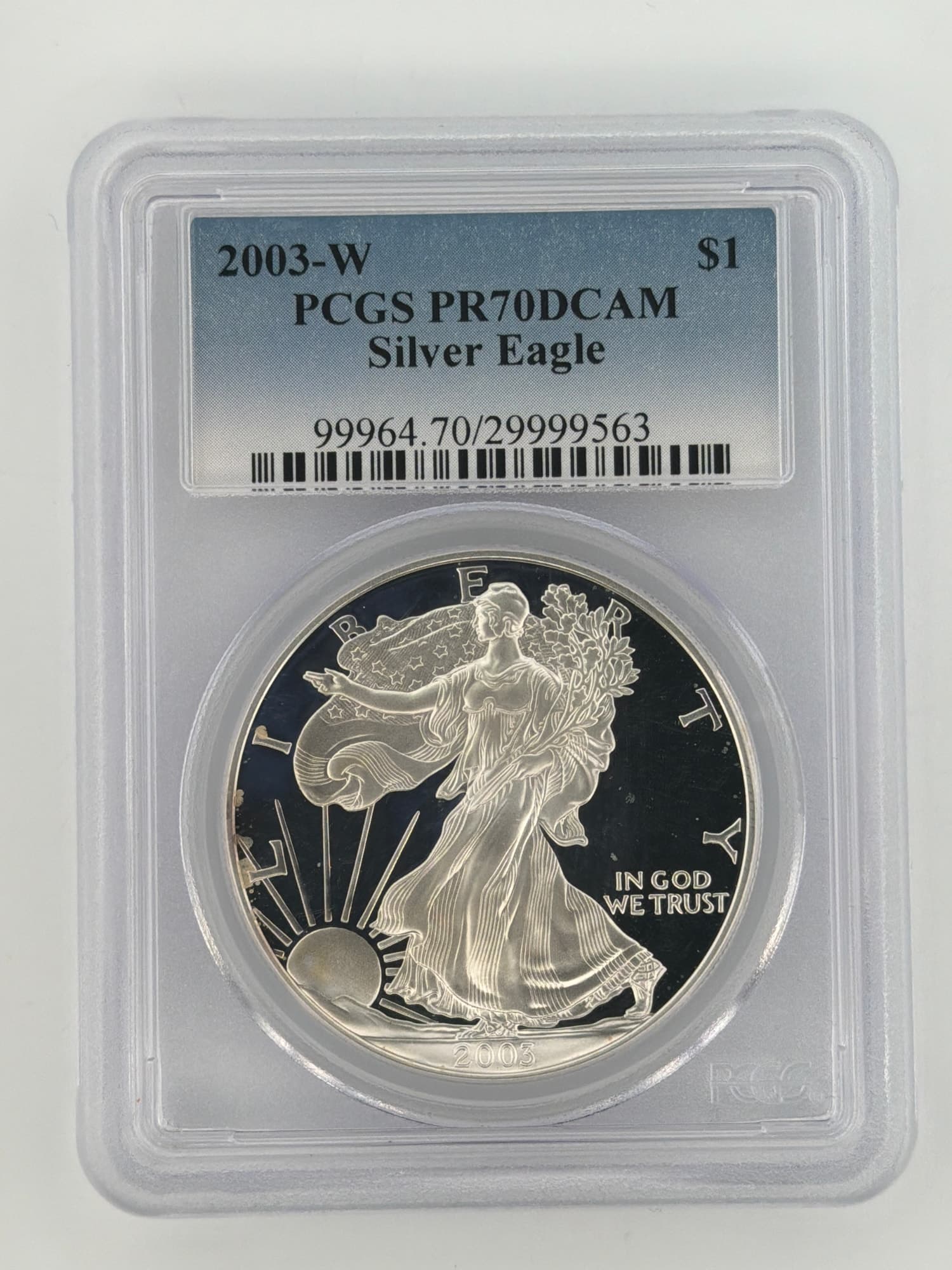 2003-W American Silver Eagle PCGS PR70DCAM obverse in slab showing Walking Liberty design and certification label