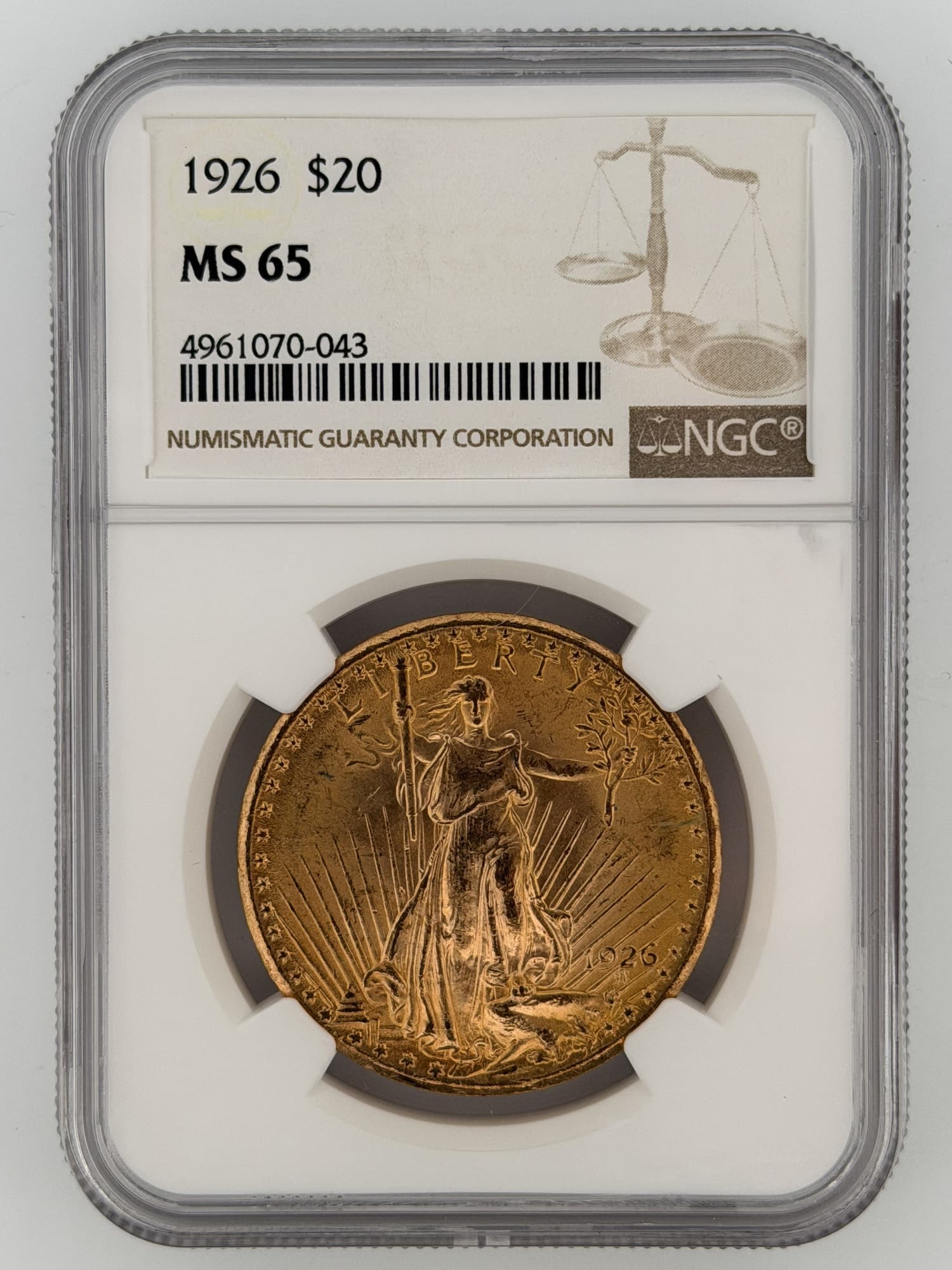 1926 Saint-Gaudens Double Eagle $20 Gold NGC MS65 obverse showing full-length Liberty design in NGC slab