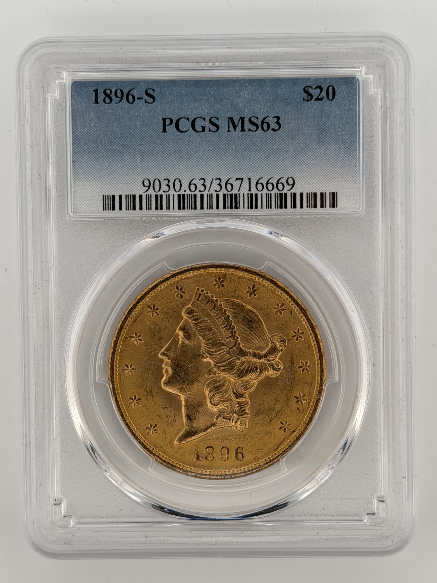 1896-S $20 Liberty Head Double Eagle PCGS MS63 obverse showing coroneted Liberty portrait and 13 stars in sonically sealed slab