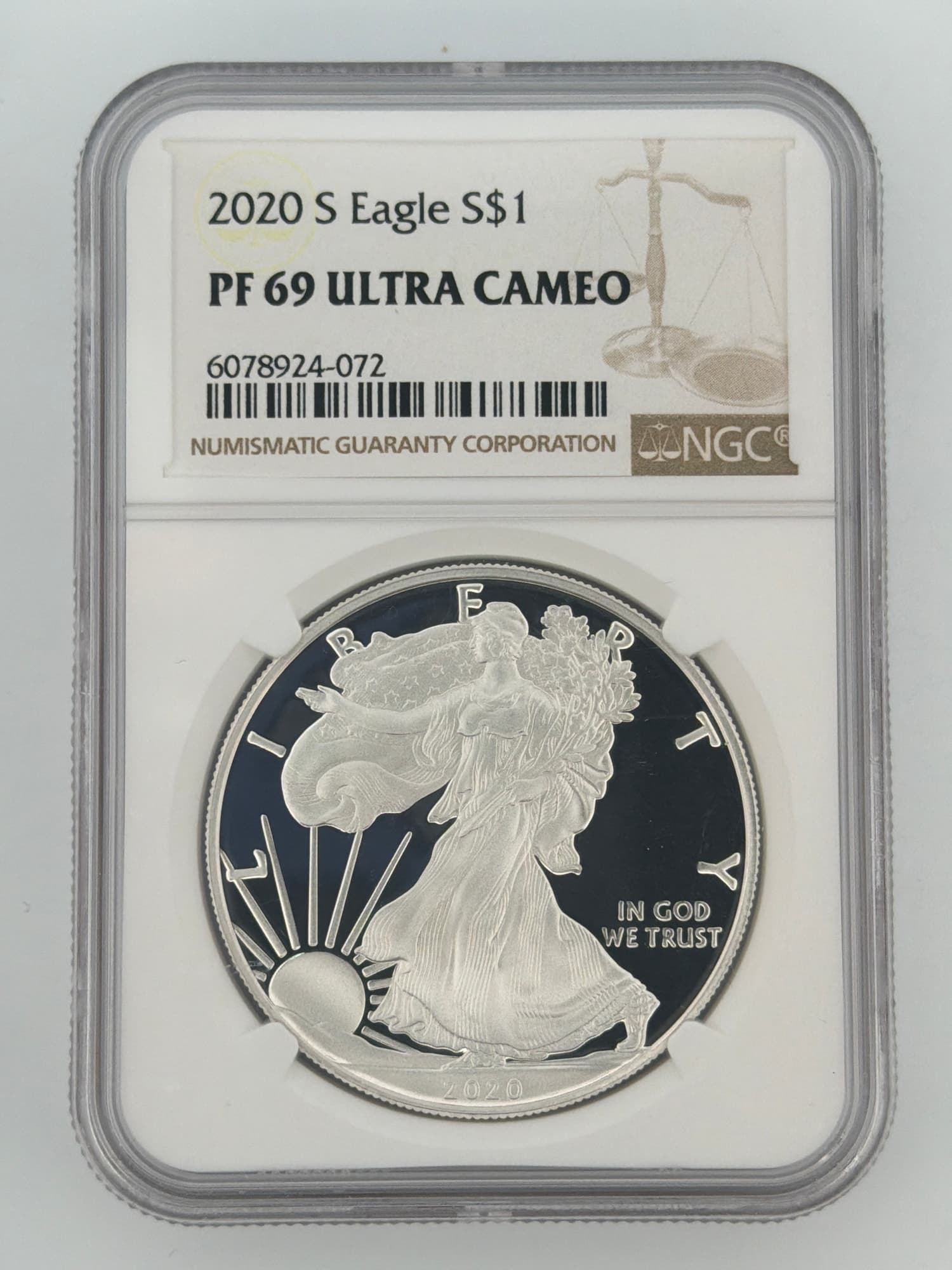 2020-S American Silver Eagle NGC PF-69 Ultra Cameo obverse showing Walking Liberty design in frosted cameo relief against mirror fields