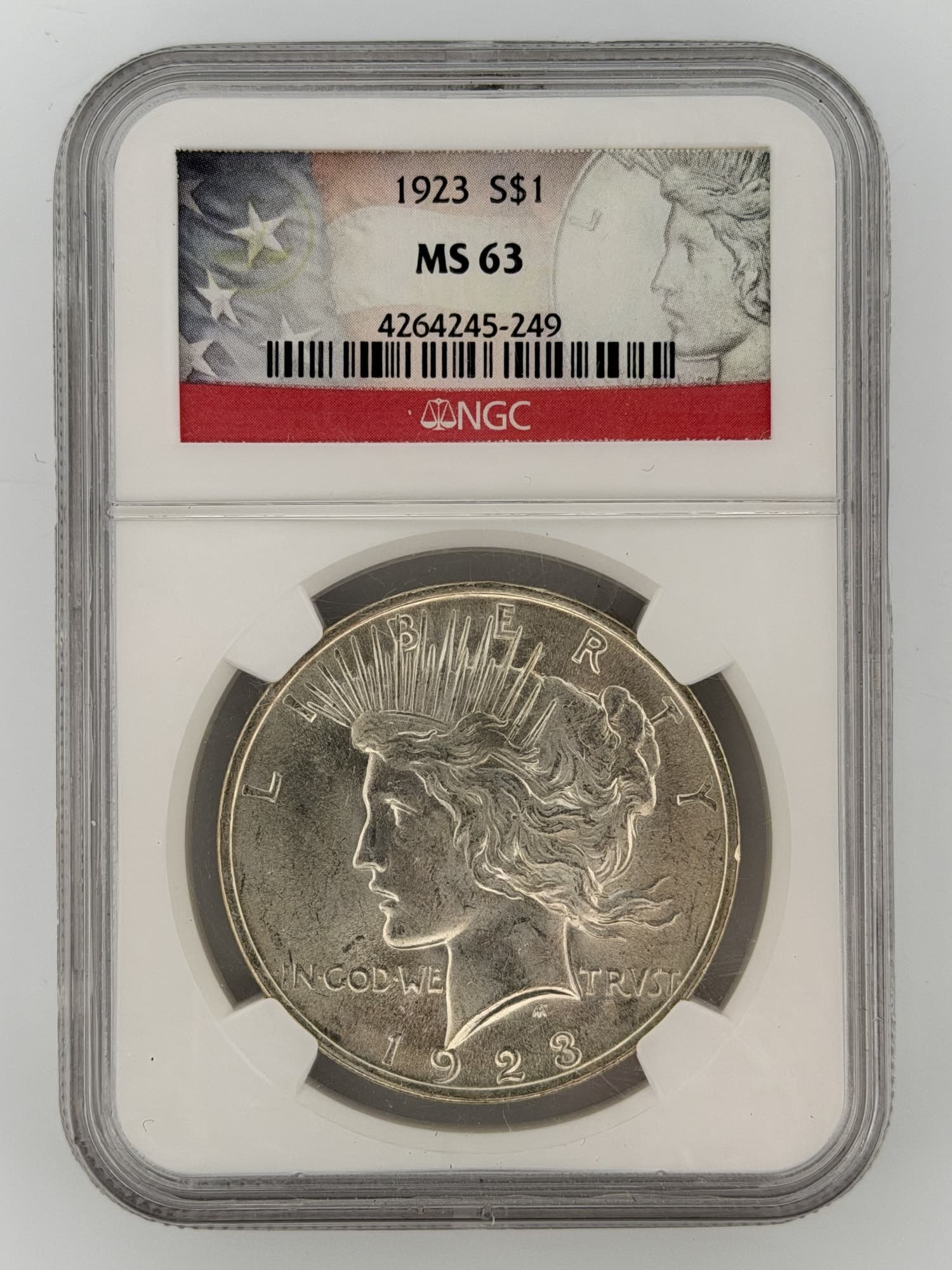 1923 Peace Dollar NGC MS 63 obverse in slab showing Liberty portrait with radiate crown and IN GOD WE TRUST inscription