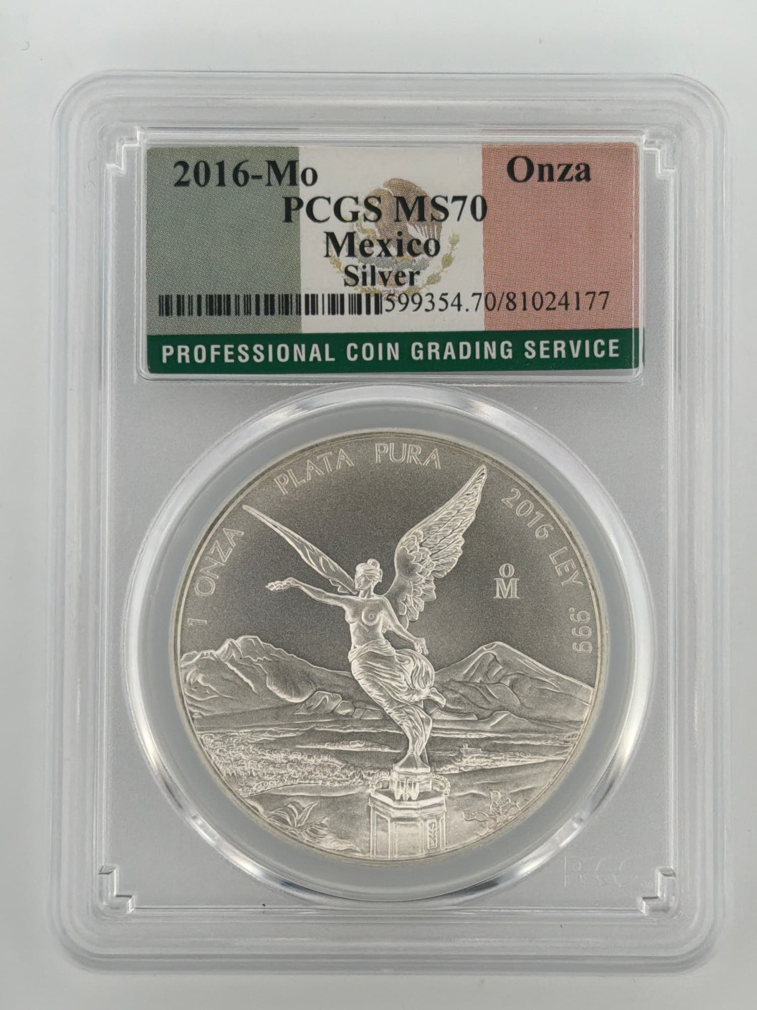 2016-Mo Mexico Silver Libertad 1 Onza PCGS MS70 obverse showing Winged Victory and volcanoes in PCGS slab with Mexican flag label