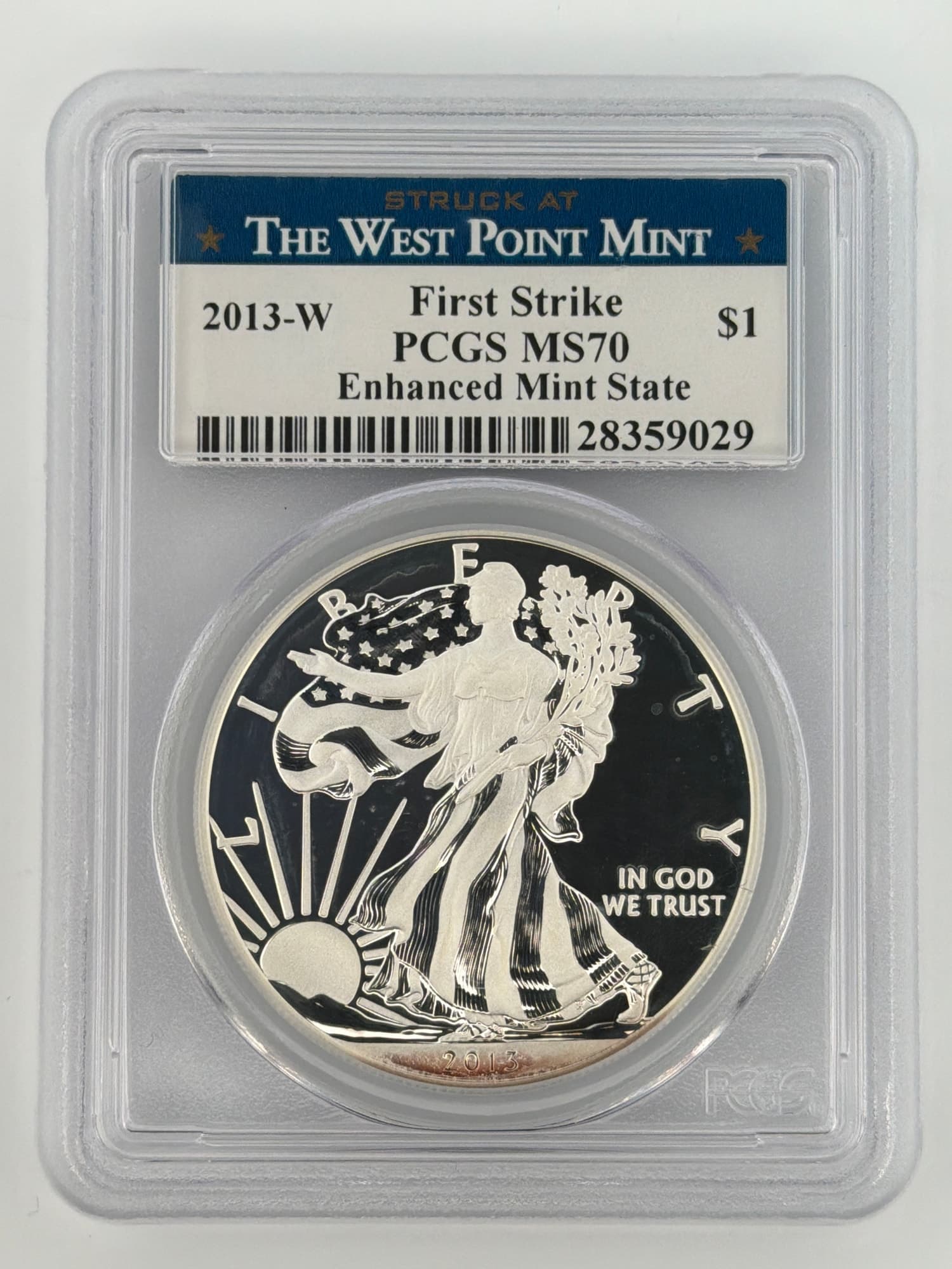 2013-W American Silver Eagle PCGS MS70 First Strike Enhanced Mint State obverse in slab, Walking Liberty design