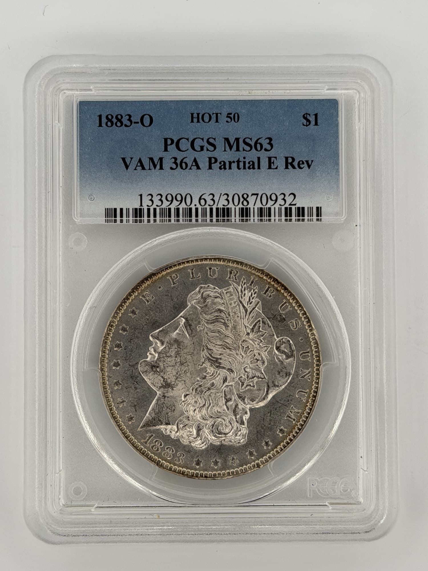 1883-O Morgan Silver Dollar VAM 36A PCGS MS63 HOT 50 obverse in slab showing Liberty portrait and blue label