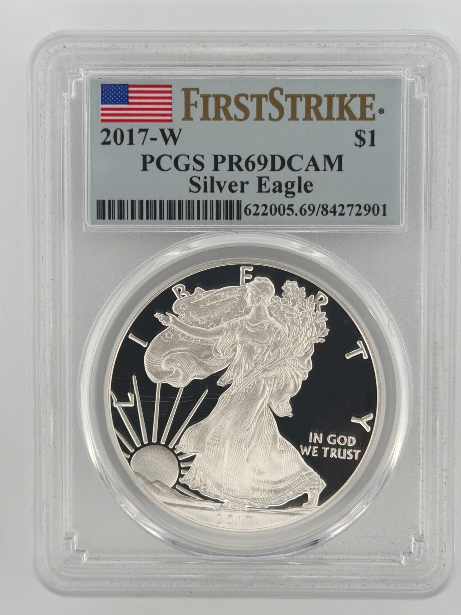 2017-W American Silver Eagle Proof PCGS PR69DCAM First Strike slab showing Walking Liberty obverse with mirror cameo fields