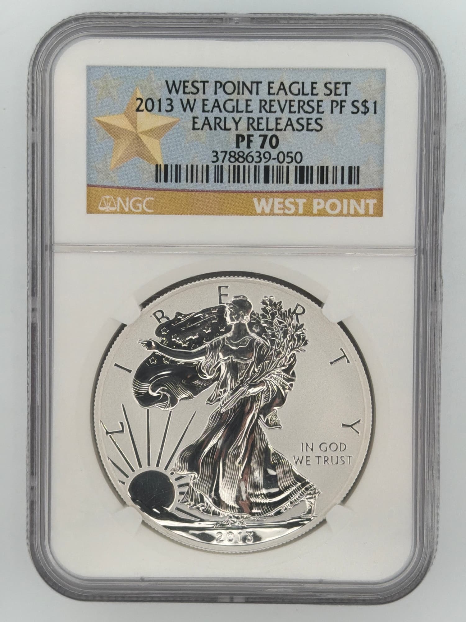 2013-W American Silver Eagle Reverse Proof NGC PF70 Early Releases obverse in West Point Eagle Set slab showing Walking Liberty design