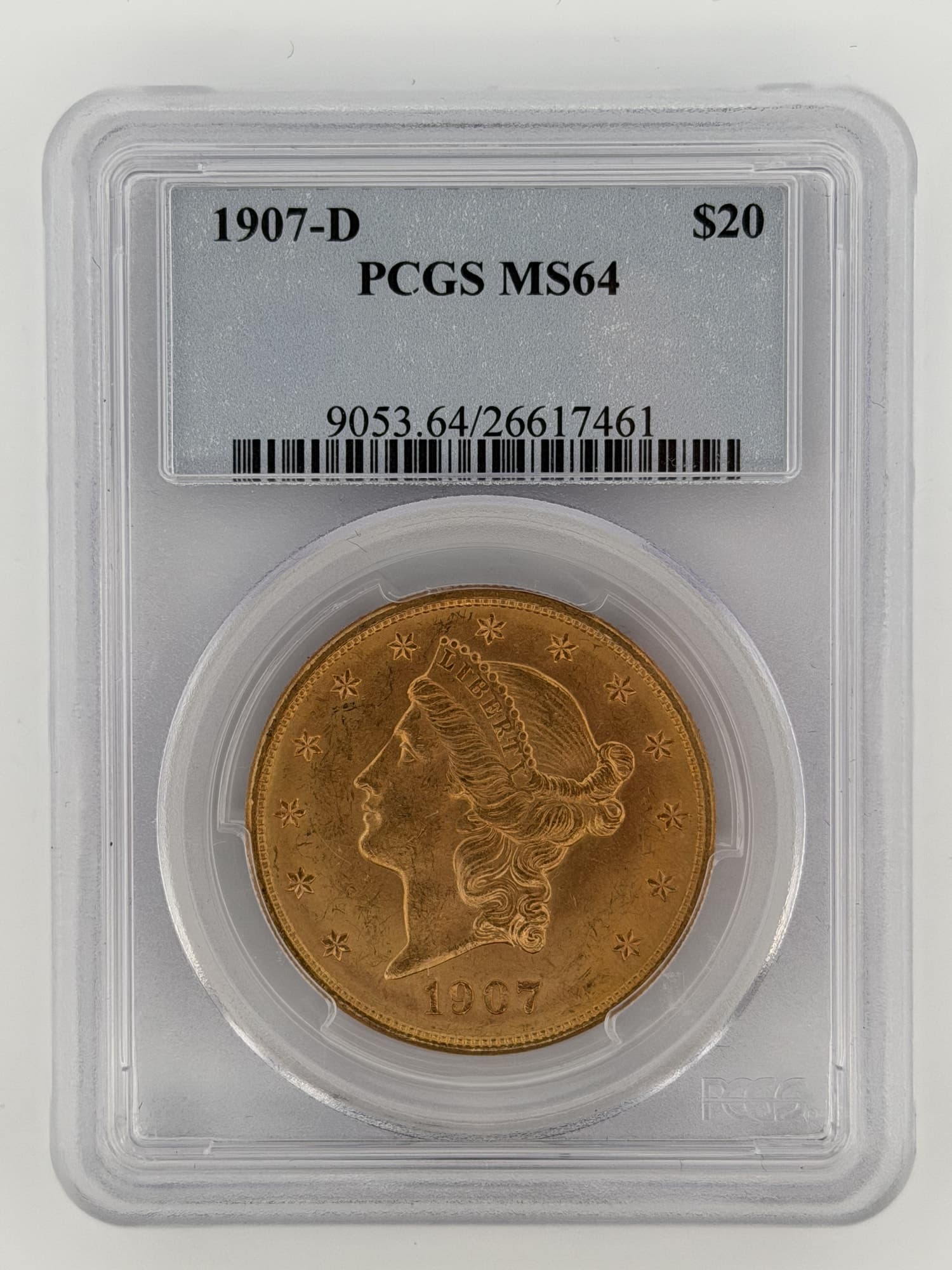 1907-D $20 Gold Liberty Double Eagle PCGS MS64 obverse showing Coronet Liberty portrait and 1907 date in sonically sealed slab