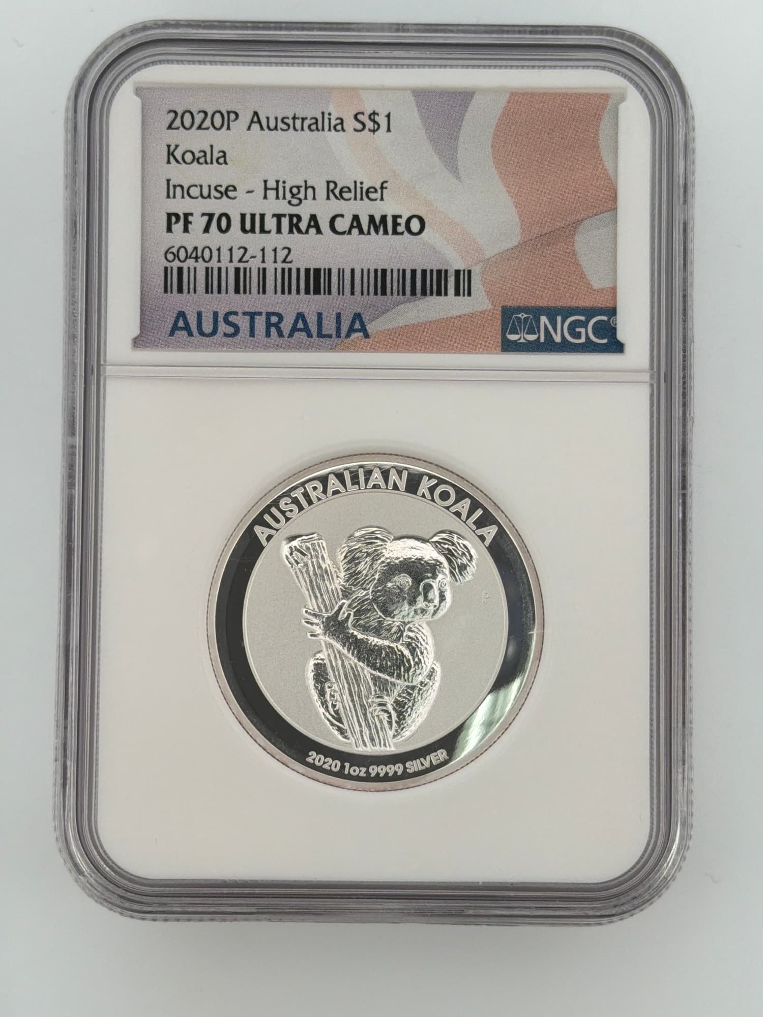 2020-P Australian Silver Koala 1 oz $1 Incuse High Relief NGC PF 70 Ultra Cameo slab obverse showing koala reverse design and certification