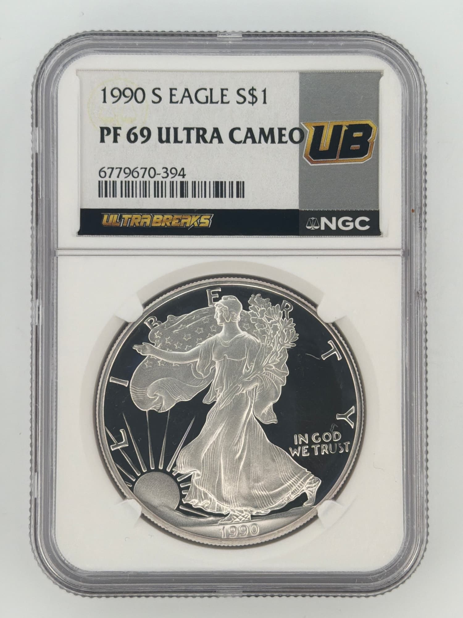 1990-S American Silver Eagle NGC PF-69 Ultra Cameo obverse in slab, Walking Liberty design with Ultra Breaks label