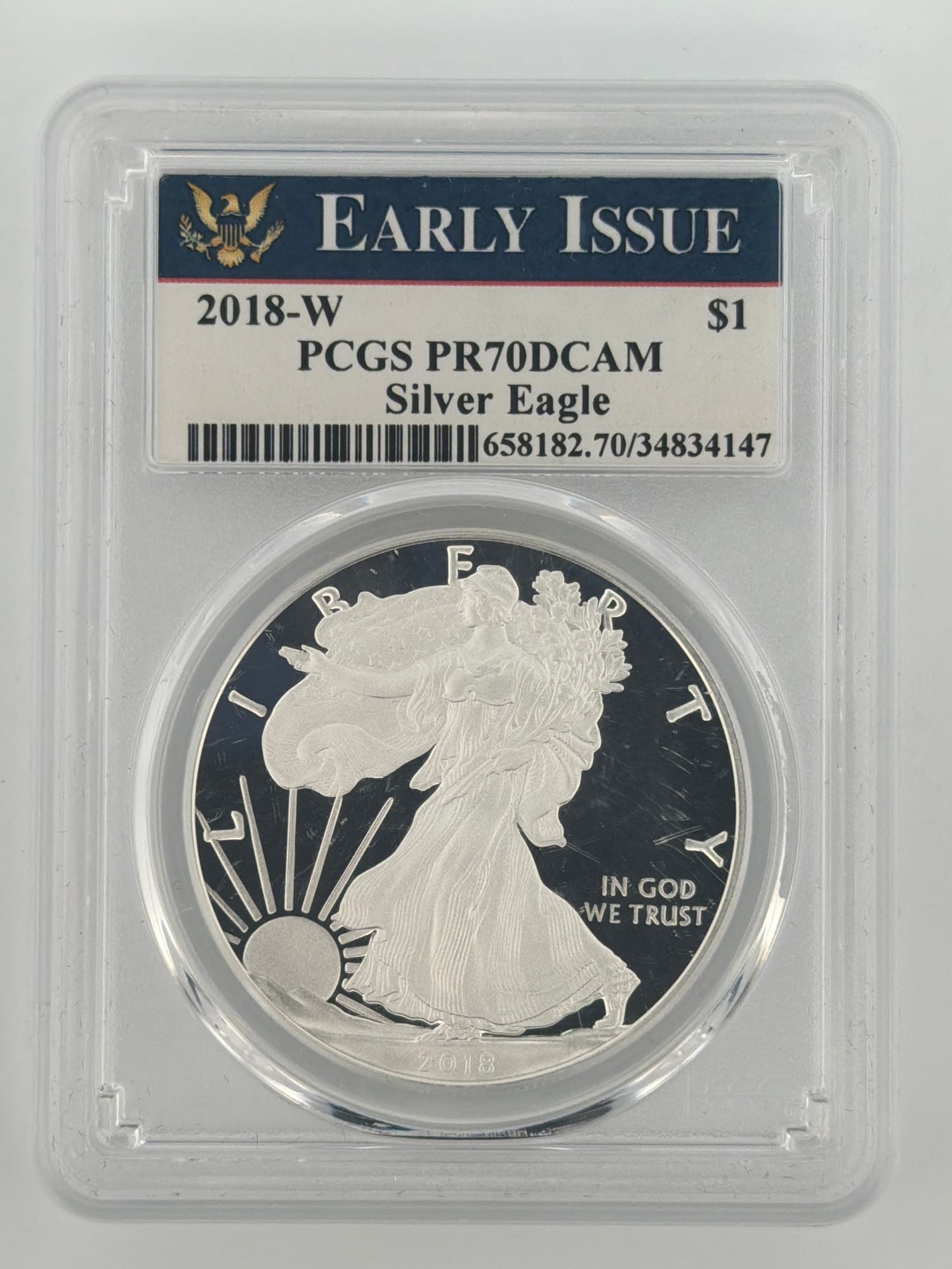 2018-W American Silver Eagle Proof PCGS PR70DCAM Early Issue slab obverse showing Walking Liberty design and label